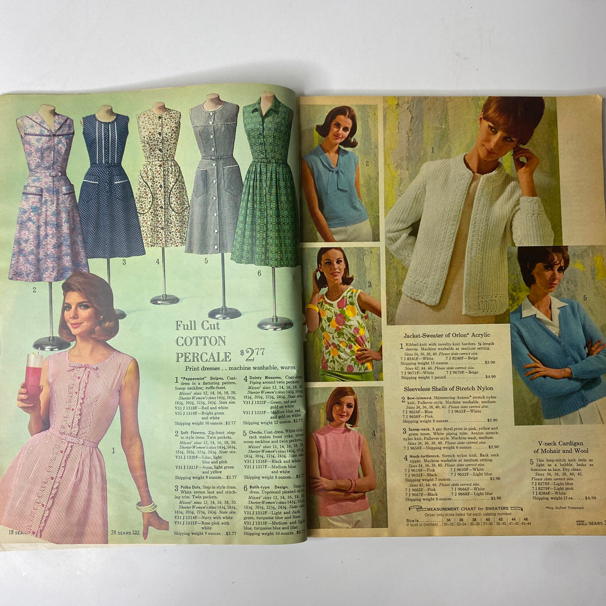Interior page of the 1965 Sears Country Style Summer Catalog featuring an array of cotton percale dresses and casual summer wear, illustrating mid-century American lifestyle.
