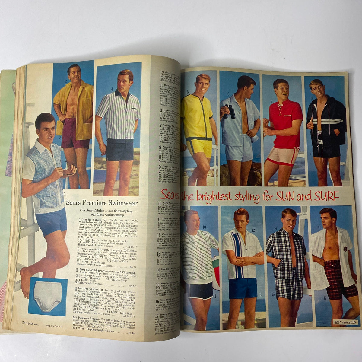 1965 Sears Country Style Summer Catalog illustrating fashionable men's apparel for summer, including swimwear and casual shirts, highlighting vibrant colors and designs.