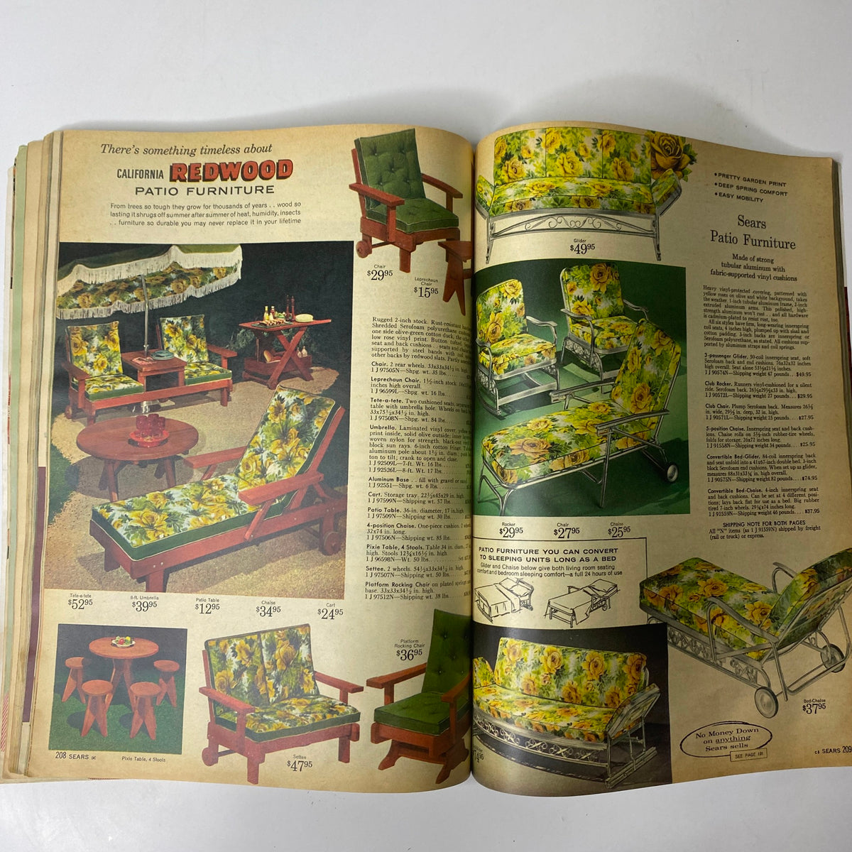 Vintage 1965 Sears Country Style Summer Catalog showcasing a collection of colorful patio furniture including chairs, tables, and loungers with floral cushions.