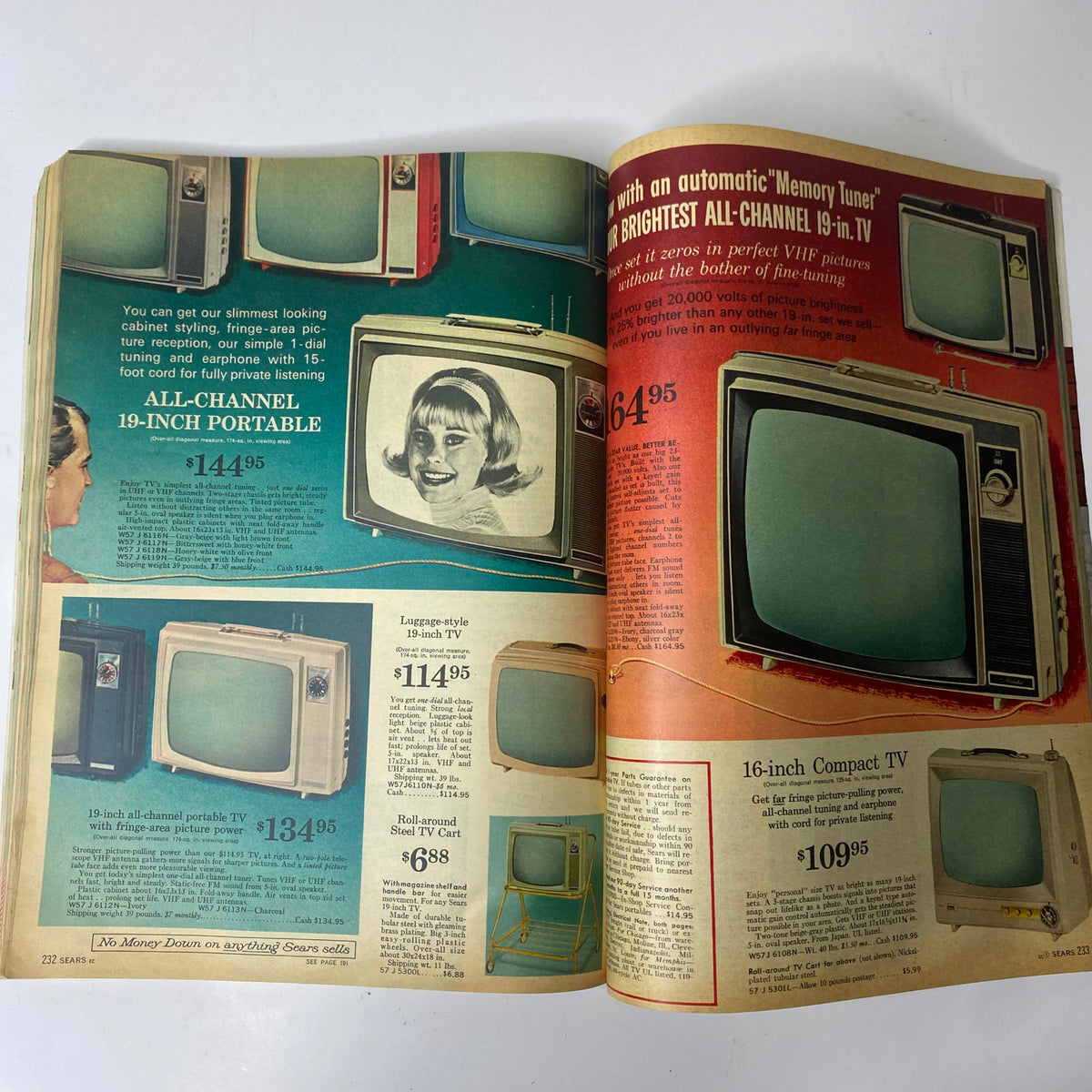 Pages from the 1965 Sears Country Style Summer Catalog displaying a variety of television models, including portable and compact styles, highlighting retro designs.