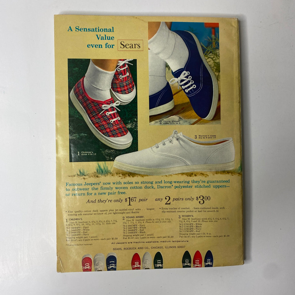 Back cover of the 1965 Sears Country Style Summer Catalog featuring children's and women's shoes with detailed descriptions, showcasing vintage footwear.