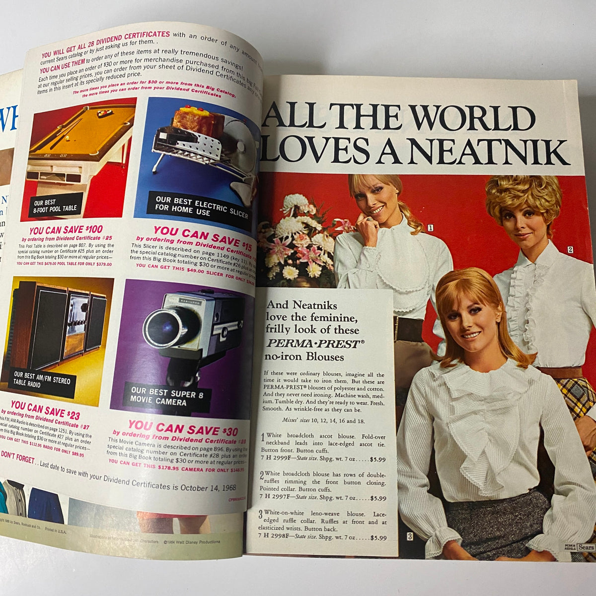 Page spread from the 1968 Sears Fall and Winter Catalog highlighting Neatnik styles, featuring models in fashionable blouses and a diverse collection of home goods.