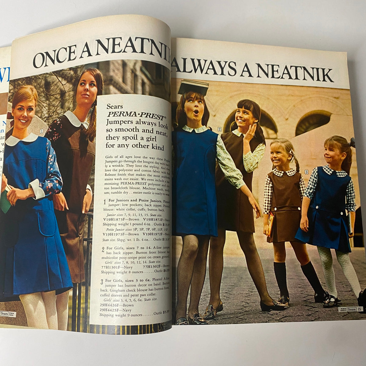 Page spread from the 1968 Sears Fall and Winter Catalog showcasing a variety of Perma-Prest jumpers being worn by young girls, reflecting the iconic fashion of the era.