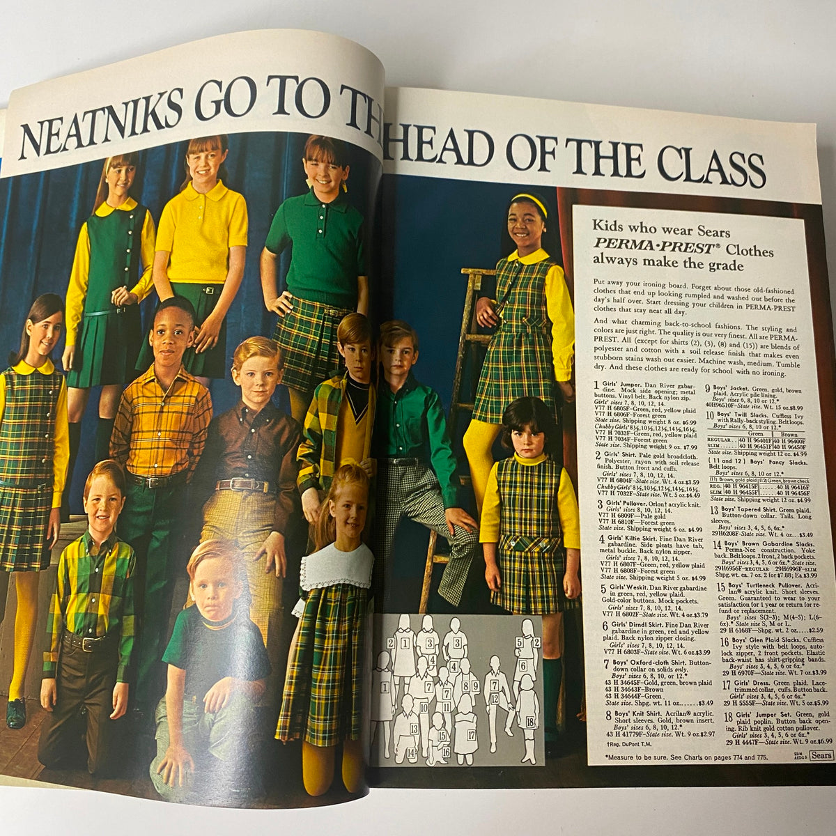 A group of children modeling colorful 1960s fashion in the 1968 Sears Fall and Winter Catalog, showcasing various styles including plaid, bright colors, and dressy outfits.