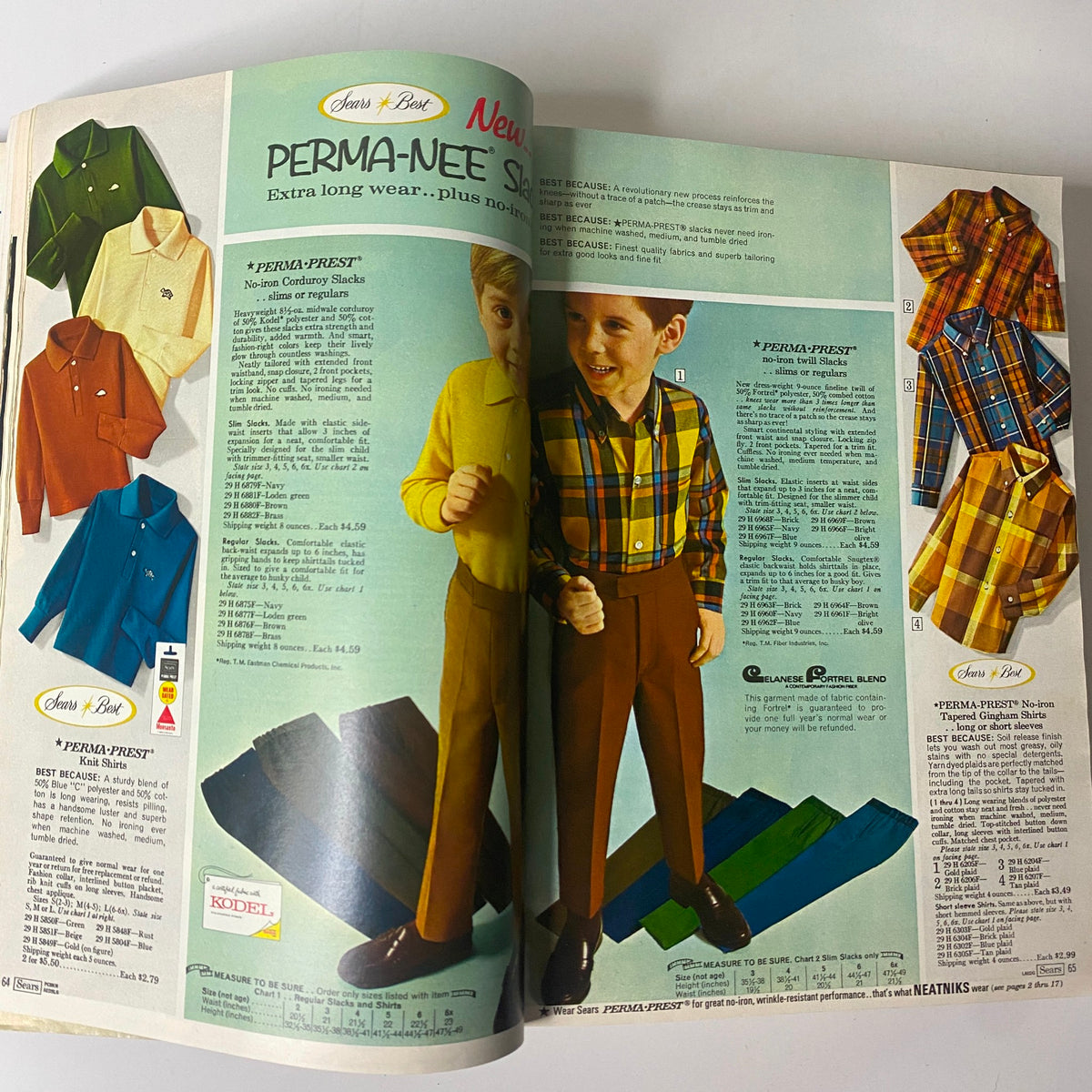 Boys featured in a clothing advertisement from the 1968 Sears Fall and Winter Catalog, highlighting PERMA-PREST shirts and slacks in vibrant colors and patterns.