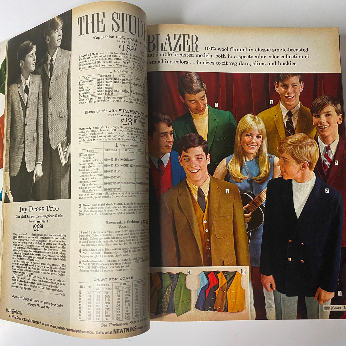 Young men wearing stylish blazers and suits in assorted colors from the 1968 Sears Fall and Winter Catalog, illustrating fashionable options for formal occasions.