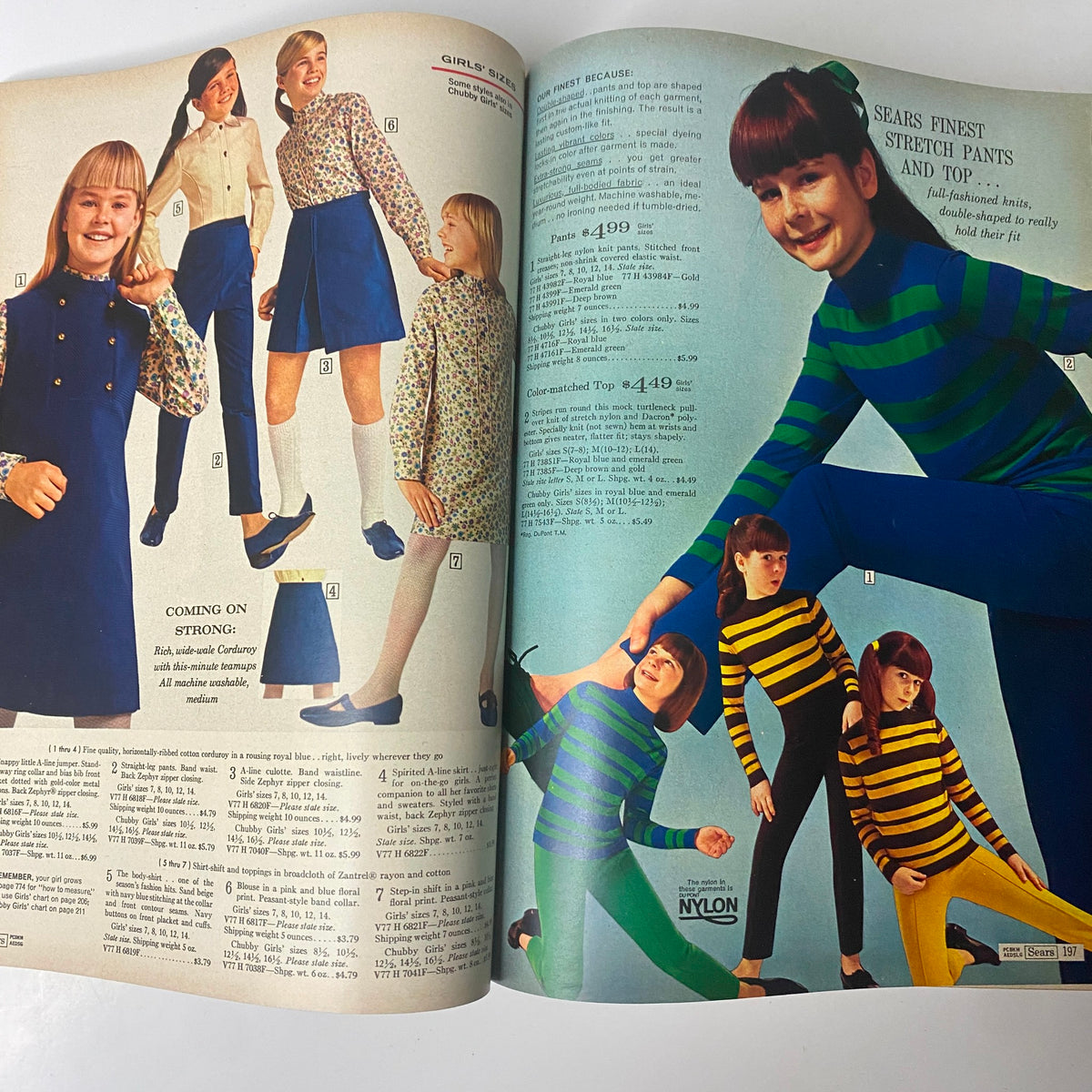 Girls posing in trendy outfits, including stretch pants and floral tops from the 1968 Sears Fall and Winter Catalog, capturing the playful fashion of the decade.