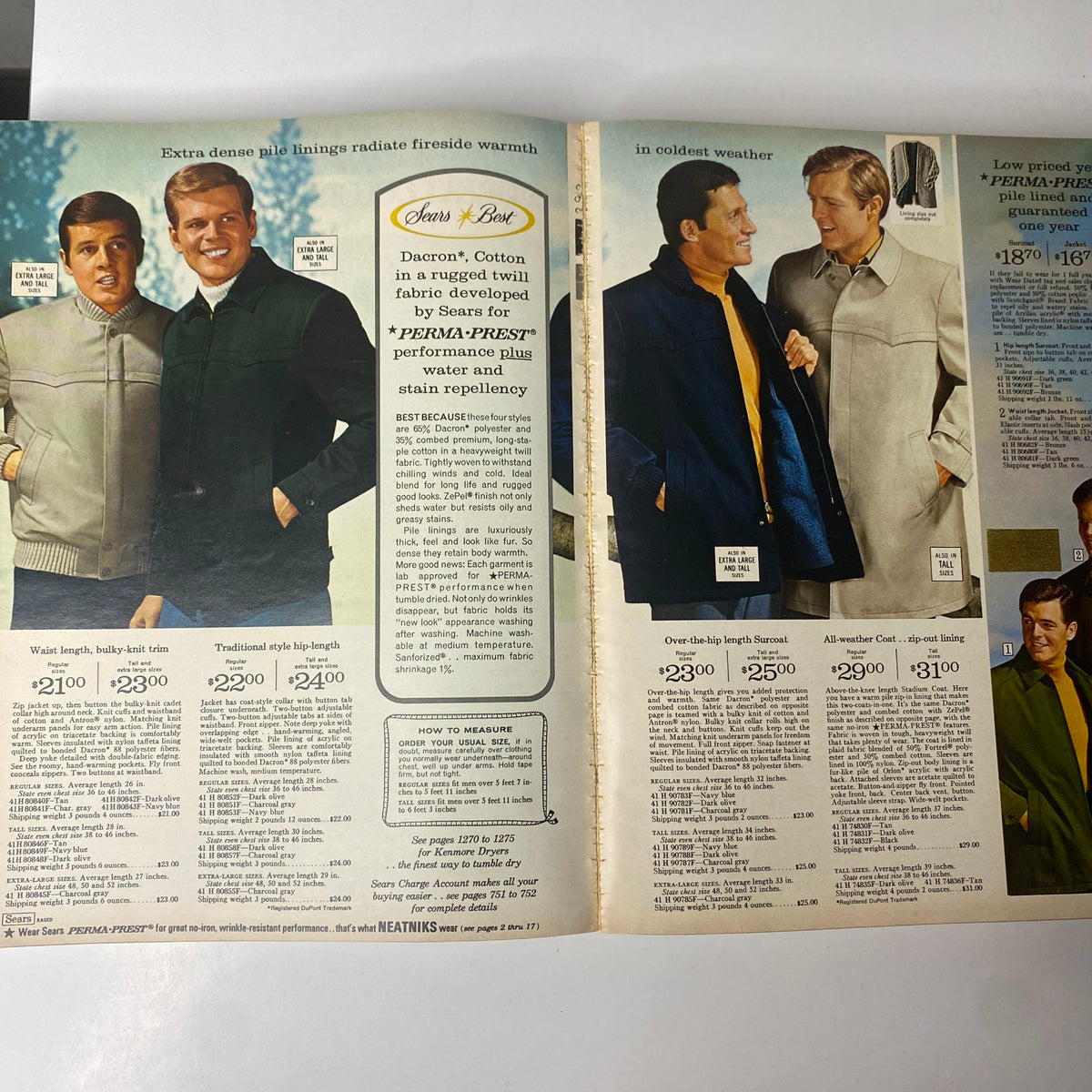 1968 Sears Fall and Winter Catalog presenting an array of men's outerwear options, including jacket styles and prices suitable for colder weather.