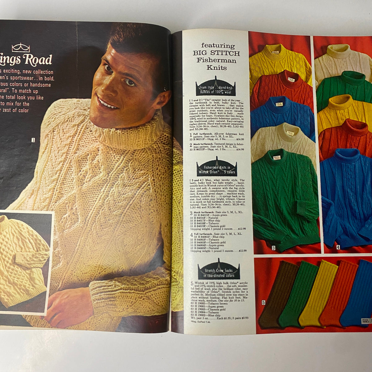 1968 Sears Fall and Winter Catalog featuring a model in a stylish cable-knit sweater alongside colorful options for fisherman knits.
