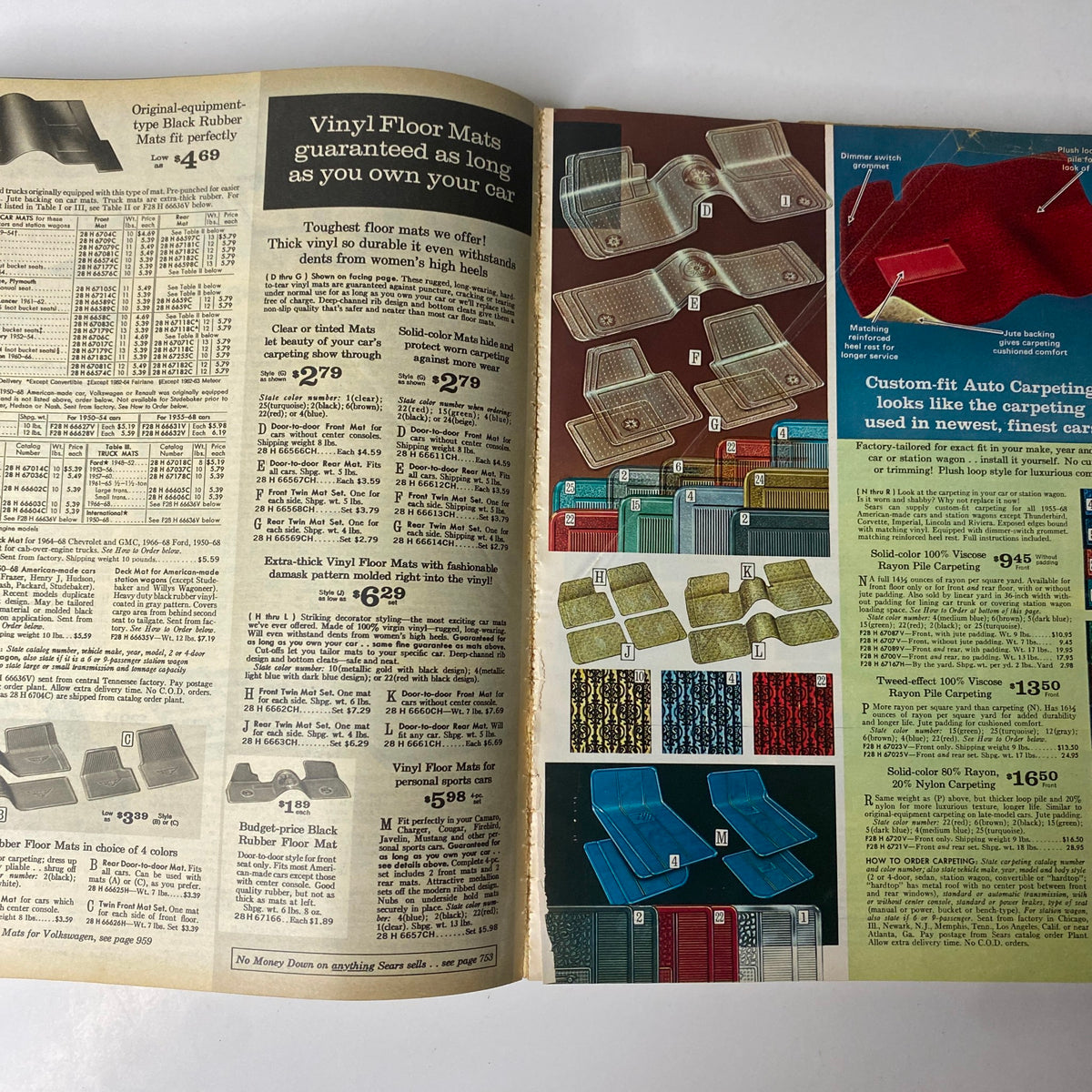 1968 Sears Fall and Winter Catalog illustrating vinyl floor mats and car carpeting options, showcasing designs and pricing from the late 1960s.