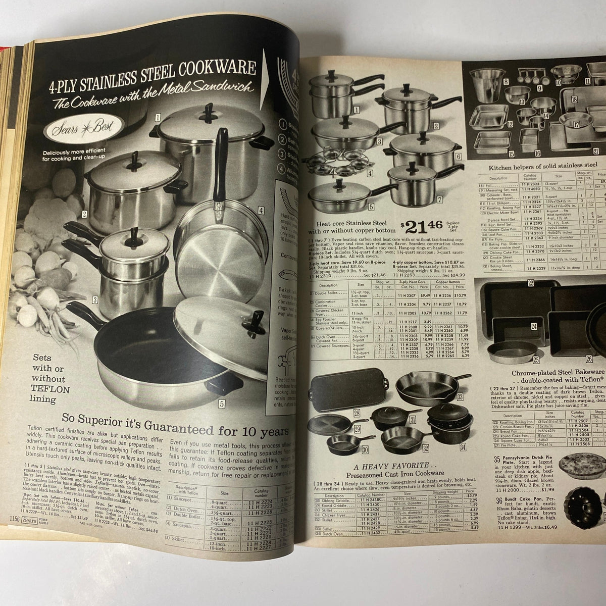 An advertisement for 4-Ply Stainless Steel Cookware featured in the 1968 Sears Fall and Winter Catalog, showcasing various pots and pans with prices listed.