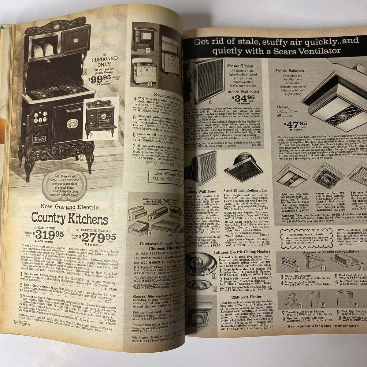 A page from the 1968 Sears Fall and Winter Catalog displaying vintage kitchen appliances and furniture including gas and electric country kitchens.