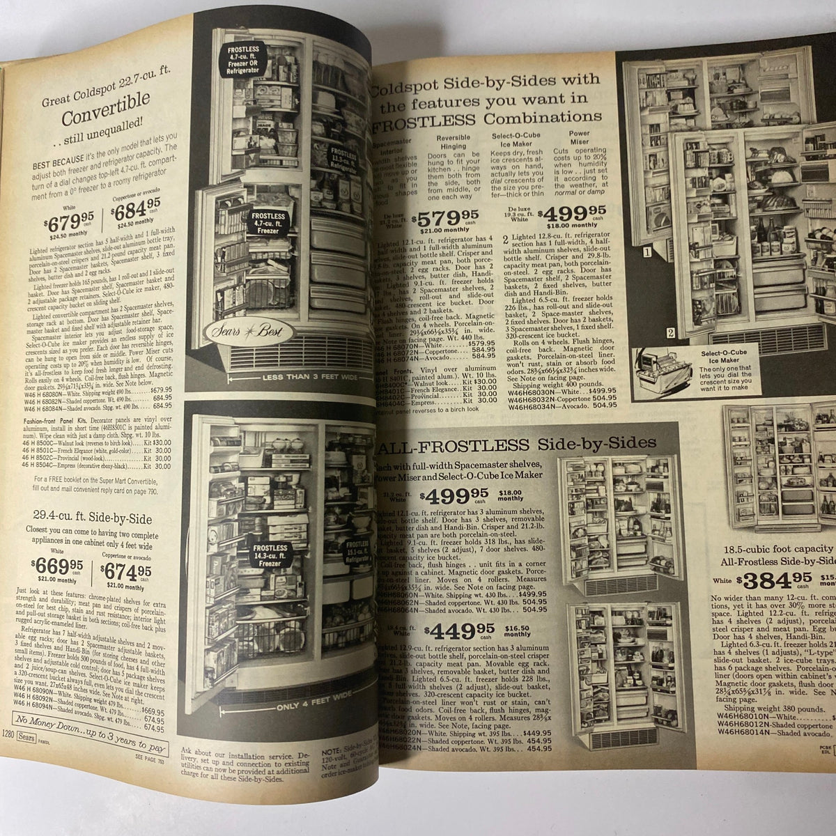 The refrigerator section from the 1968 Sears Fall and Winter Catalog, highlighting Coldspot side-by-side models with prices and features.