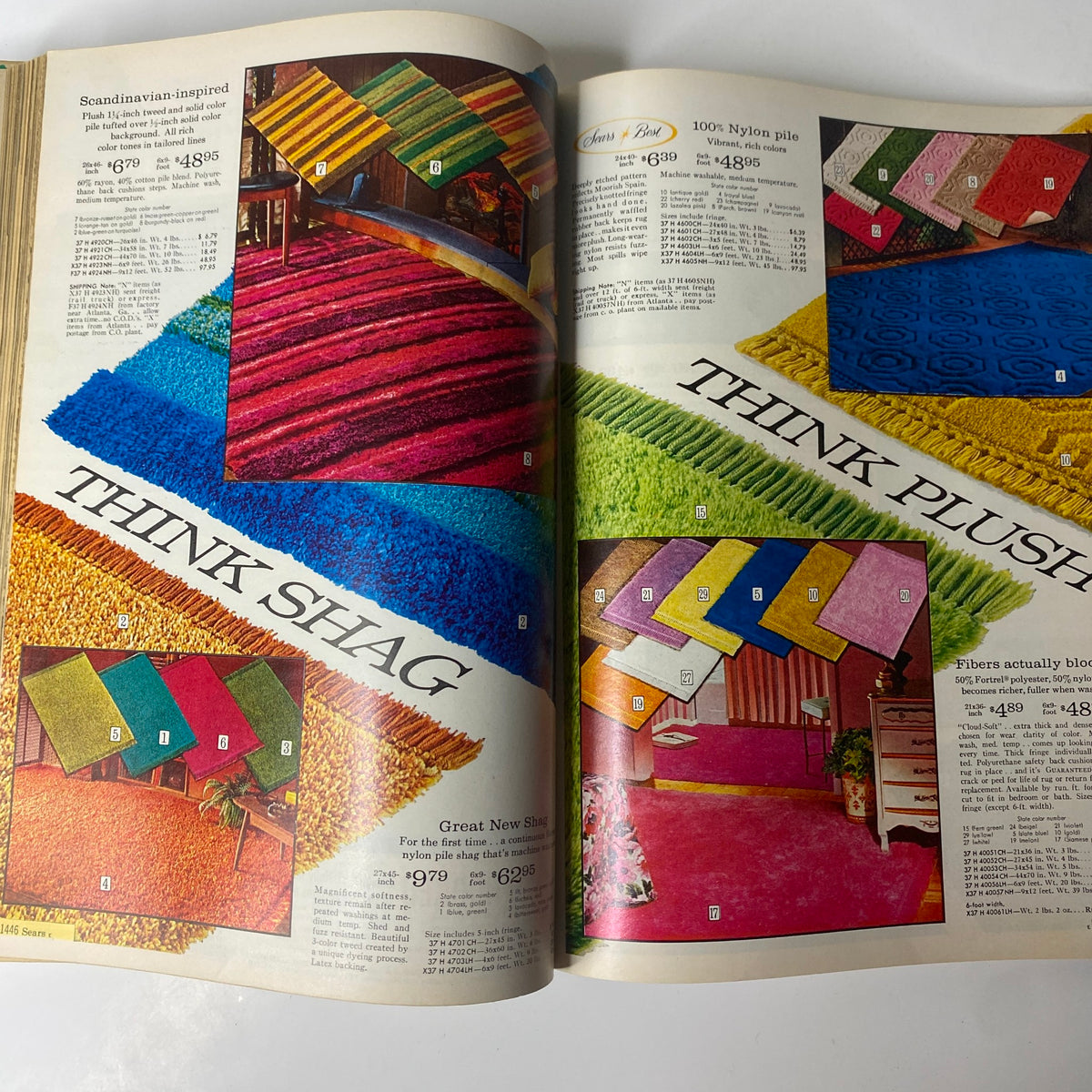 A vibrant carpet advertisement from the 1968 Sears Fall and Winter Catalog, featuring various shag rugs in bright colors and their prices.