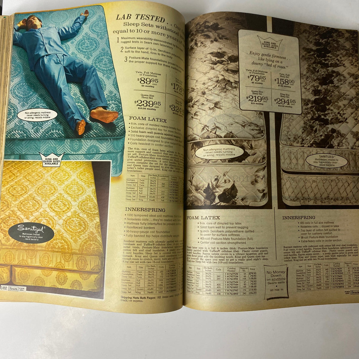 1968 Sears Fall and Winter Catalog showcasing a variety of mattresses including foam latex and innerspring types, emphasizing comfort and pricing options.