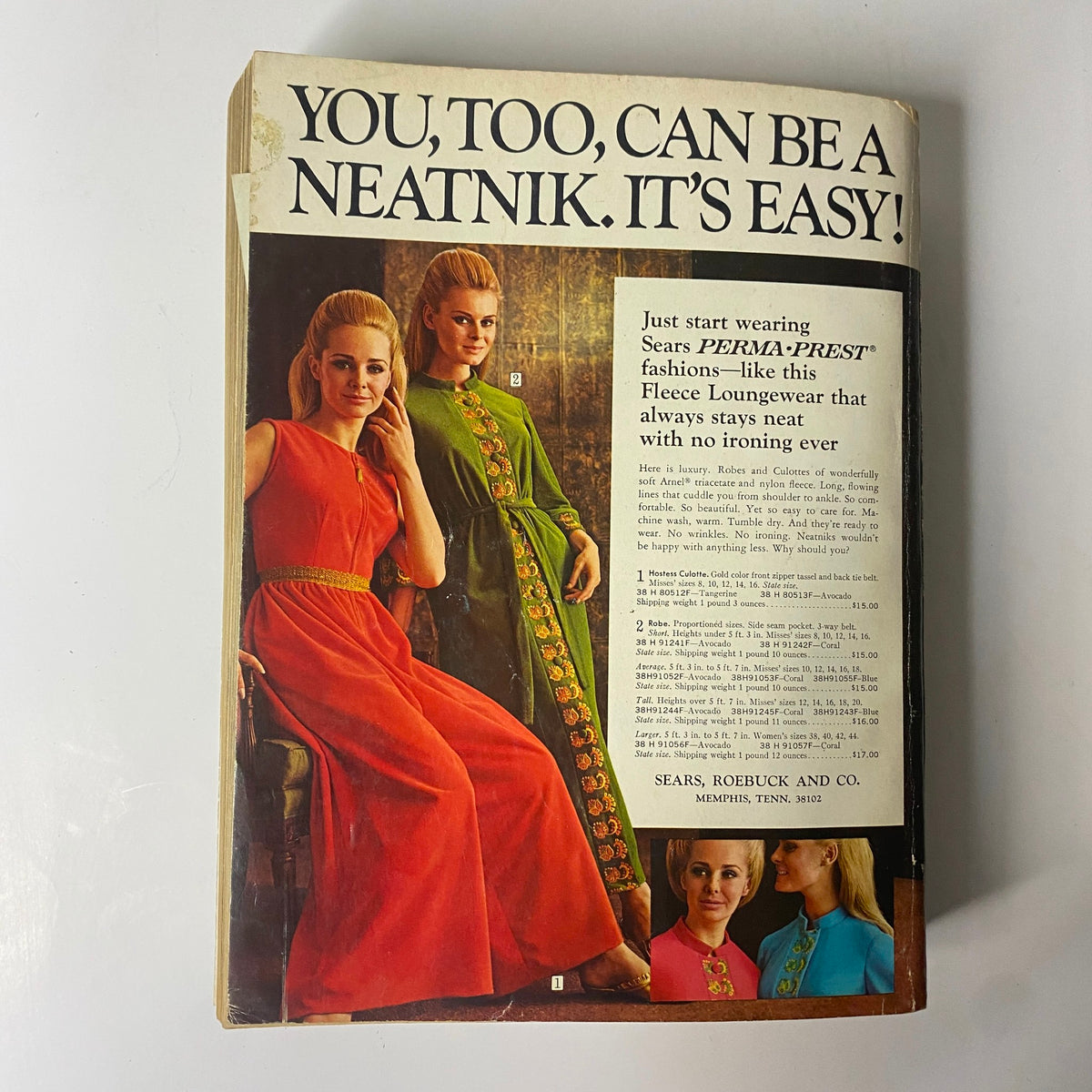 The back cover of the 1968 Sears Fall and Winter Catalog presenting stylish models in Perma-Prest loungewear, promoting easy-care fashion from the late 1960s.