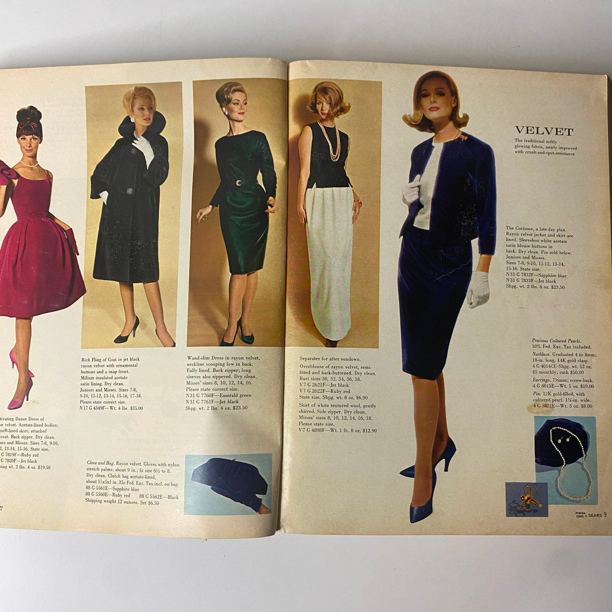 Double-page spread from the 1963 Sears Fall and Winter Catalog illustrating a range of elegant women's dresses and accessories, capturing vintage 1960s style.
