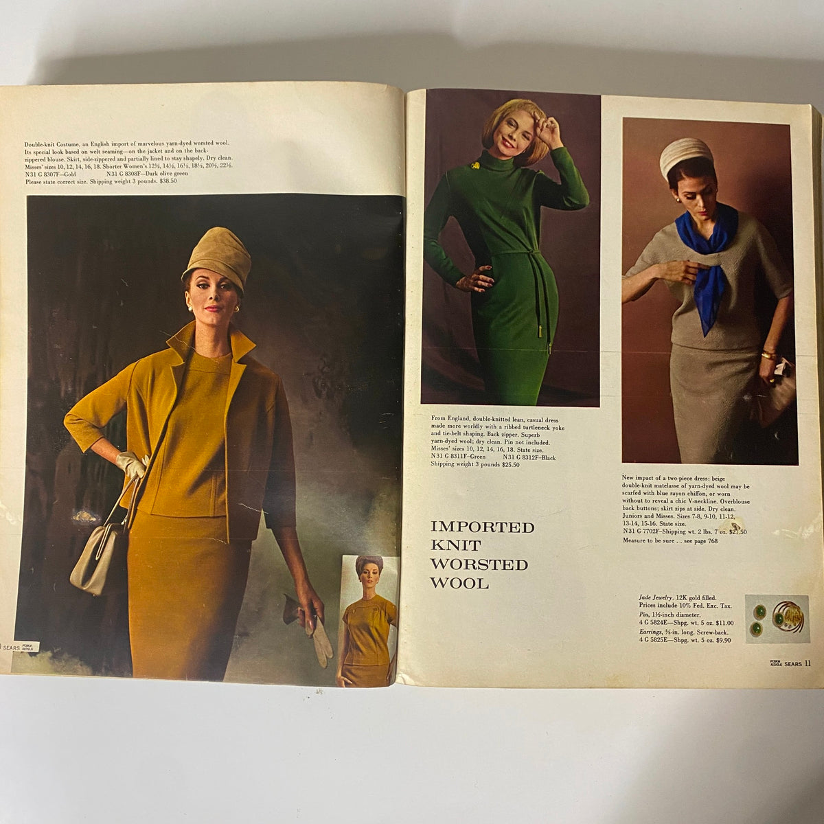 1963 Sears Fall and Winter Catalog showcasing vintage women's fashion, featuring an ensemble of a mustard-colored dress paired with a matching jacket and gloves, representing early 1960s style.
