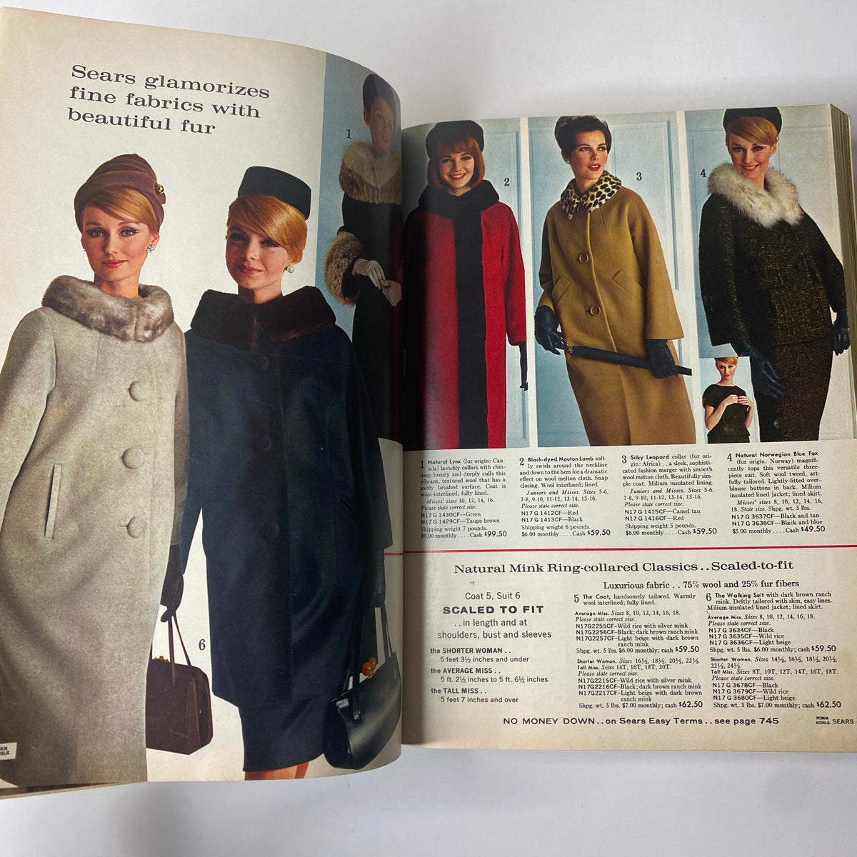 1963 Sears Fall and Winter Catalog displaying elegant women in luxurious coats with fur accents, illustrating mid-century fashion trends and classic winter styles.