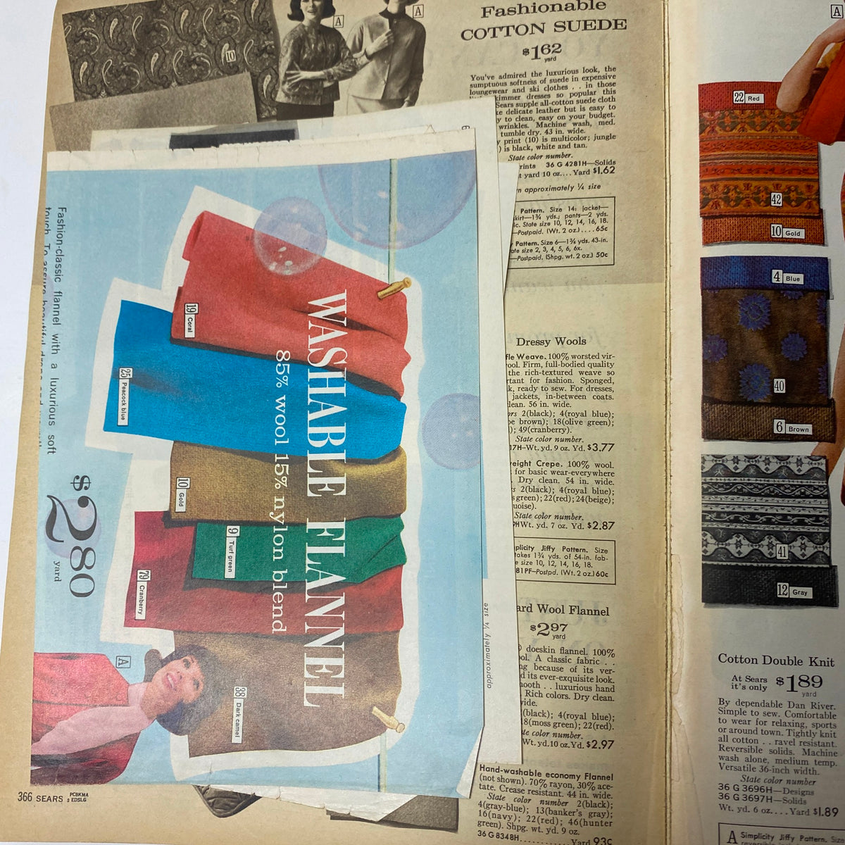 1963 Sears Fall and Winter Catalog showing colorful washable flannel fabric options priced at $2.80 each, alongside descriptions of dressy wools and cotton fabrics.