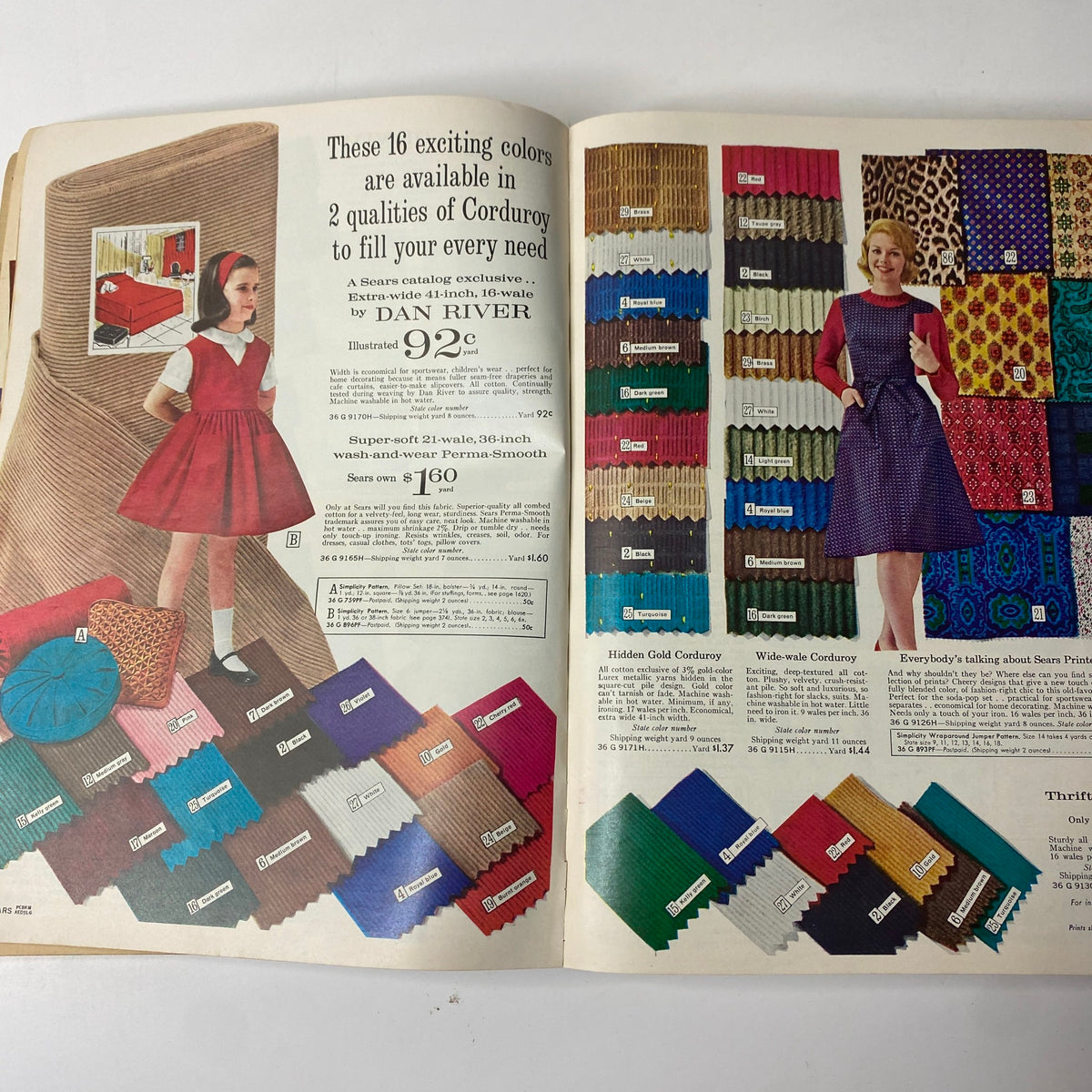 1963 Sears Fall and Winter Catalog featuring a variety of corduroy fabrics in 16 colors, showcased with a girl wearing a red dress.