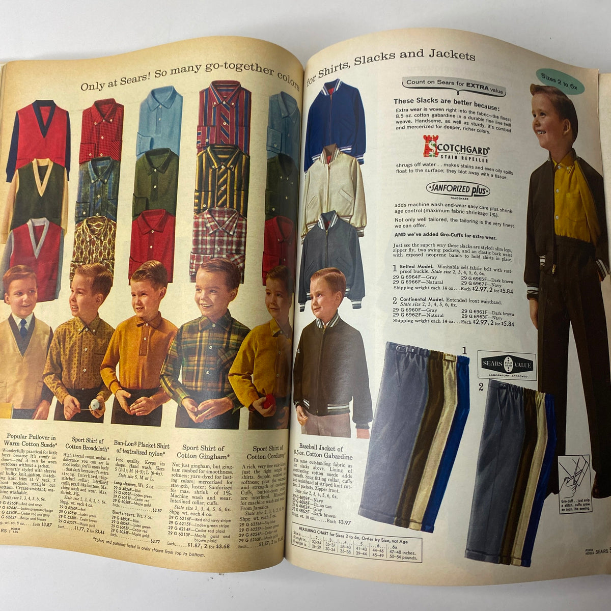 1963 Sears Fall and Winter Catalog displaying an assortment of shirts, slacks, and jackets for boys, with various colorful styles available.