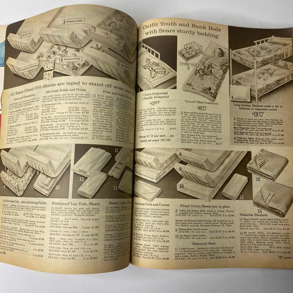 1963 Sears Fall and Winter Catalog highlighting youth and bunk bed bedding options, including various fitted crib sheets and comforters.