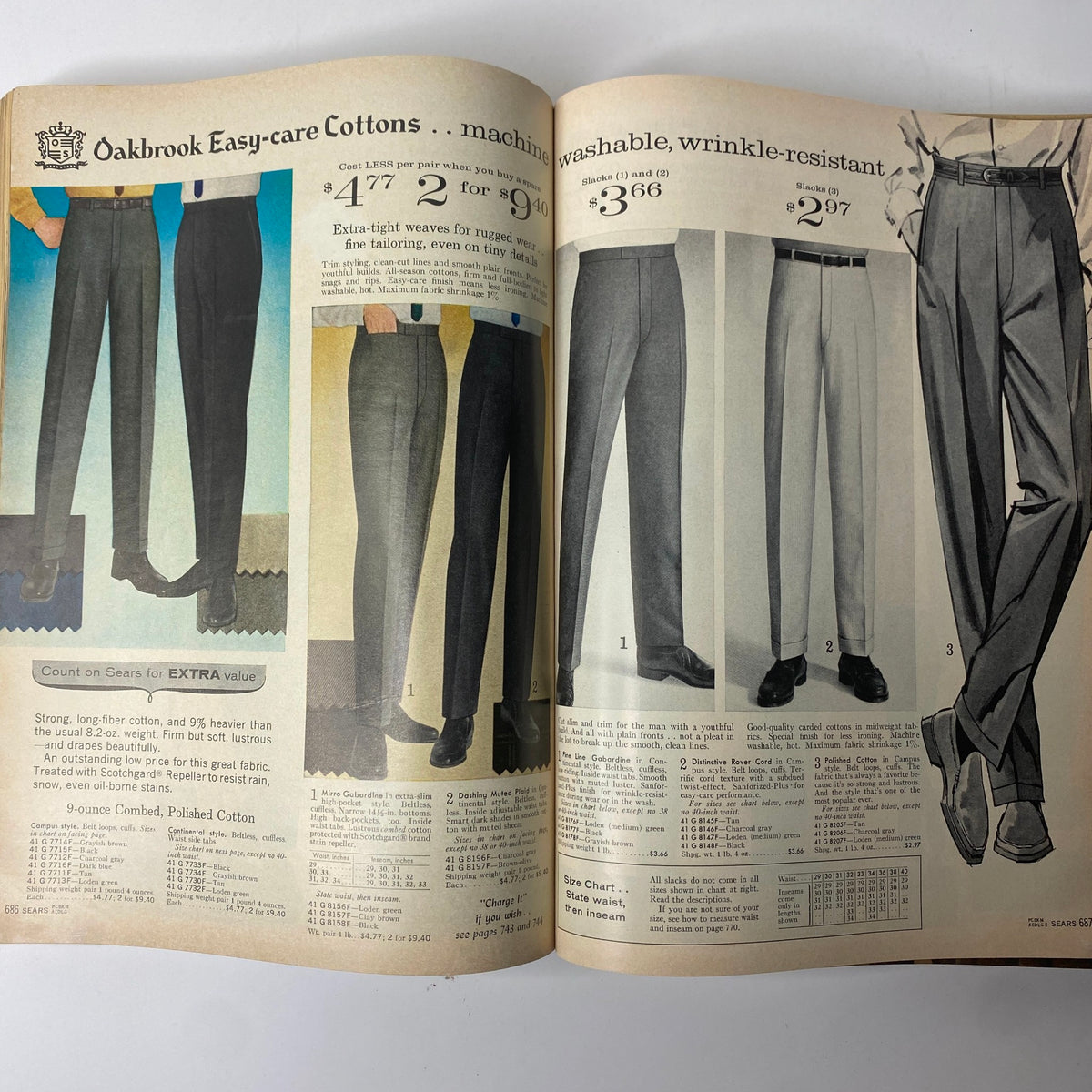 1963 Sears Fall and Winter Catalog presenting an array of men's trousers, featuring oakbrook easy-care cottons and washable materials with prices.