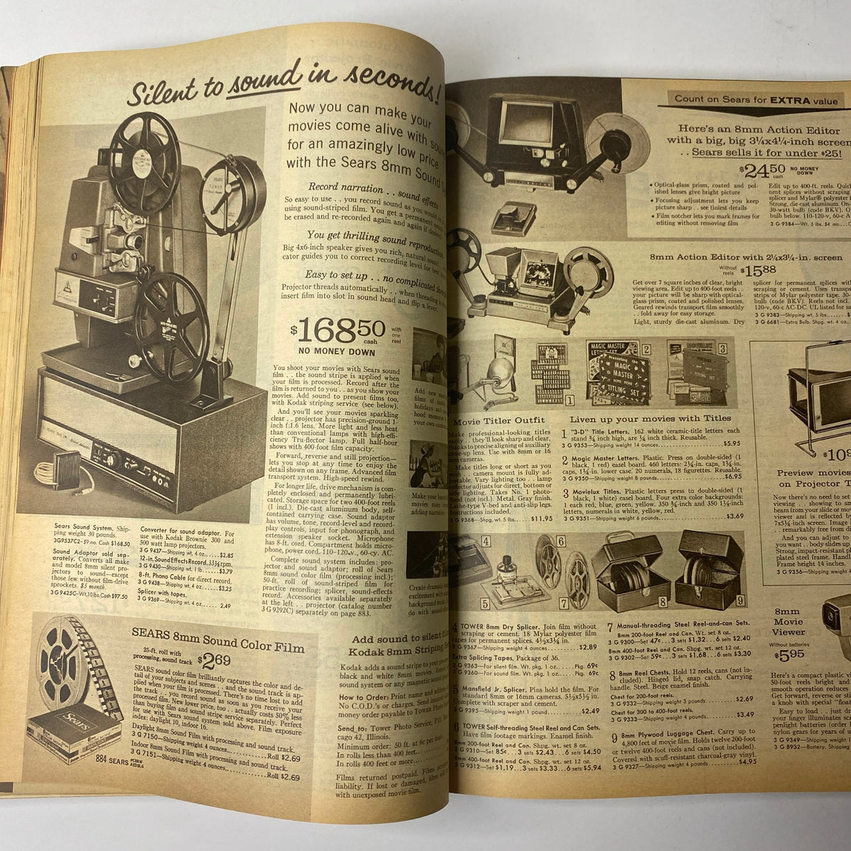 Page from the 1963 Sears Fall and Winter Catalog showcasing home movie equipment, including projectors and film, highlighting the era's technology.