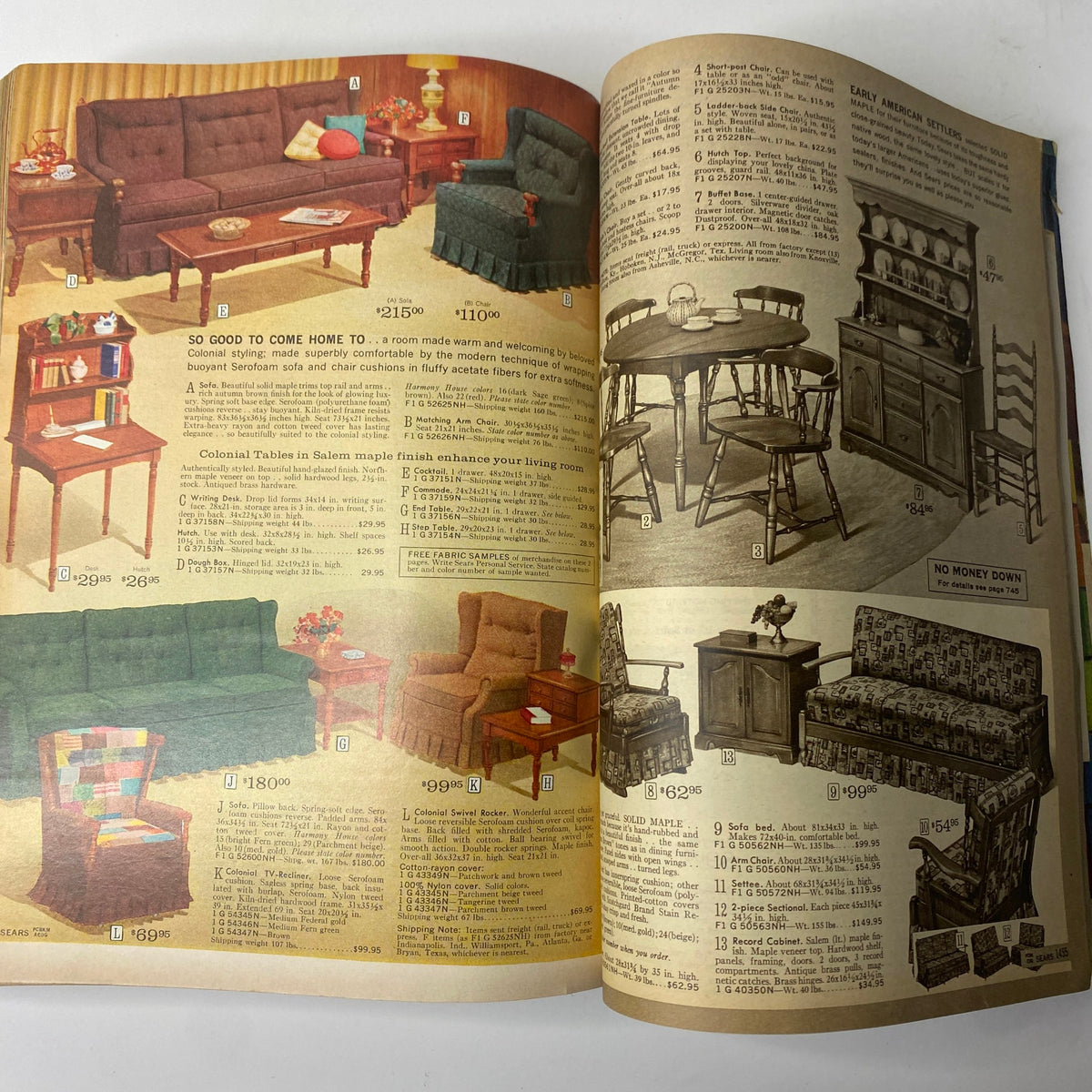 Interior furnishings displayed on a page from the 1963 Sears Fall and Winter Catalog, featuring sofas, chairs, and tables in vintage styles.