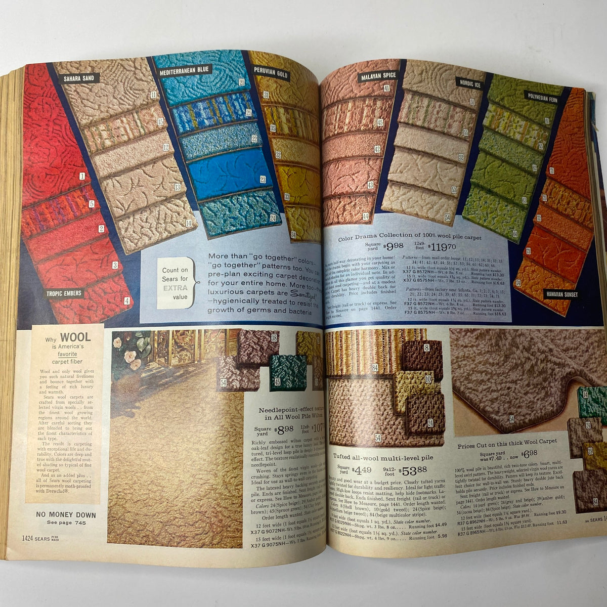 Colorful carpet samples and descriptions from the 1963 Sears Fall and Winter Catalog, showcasing home decor options available in the 1960s.