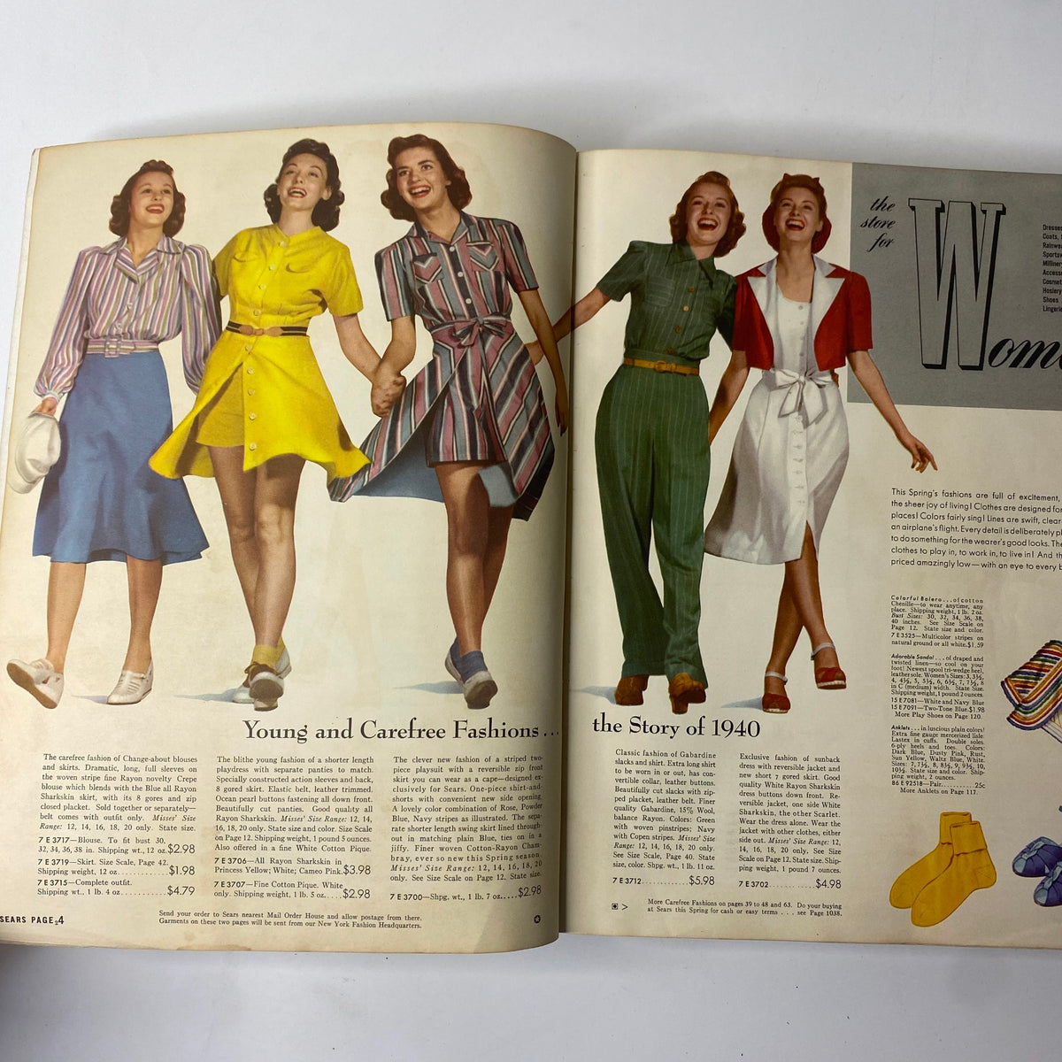 Inside page of the 1940 Sears Spring and Summer Catalog highlighting four women in stylish outfits, representing the fashion trends of the era.