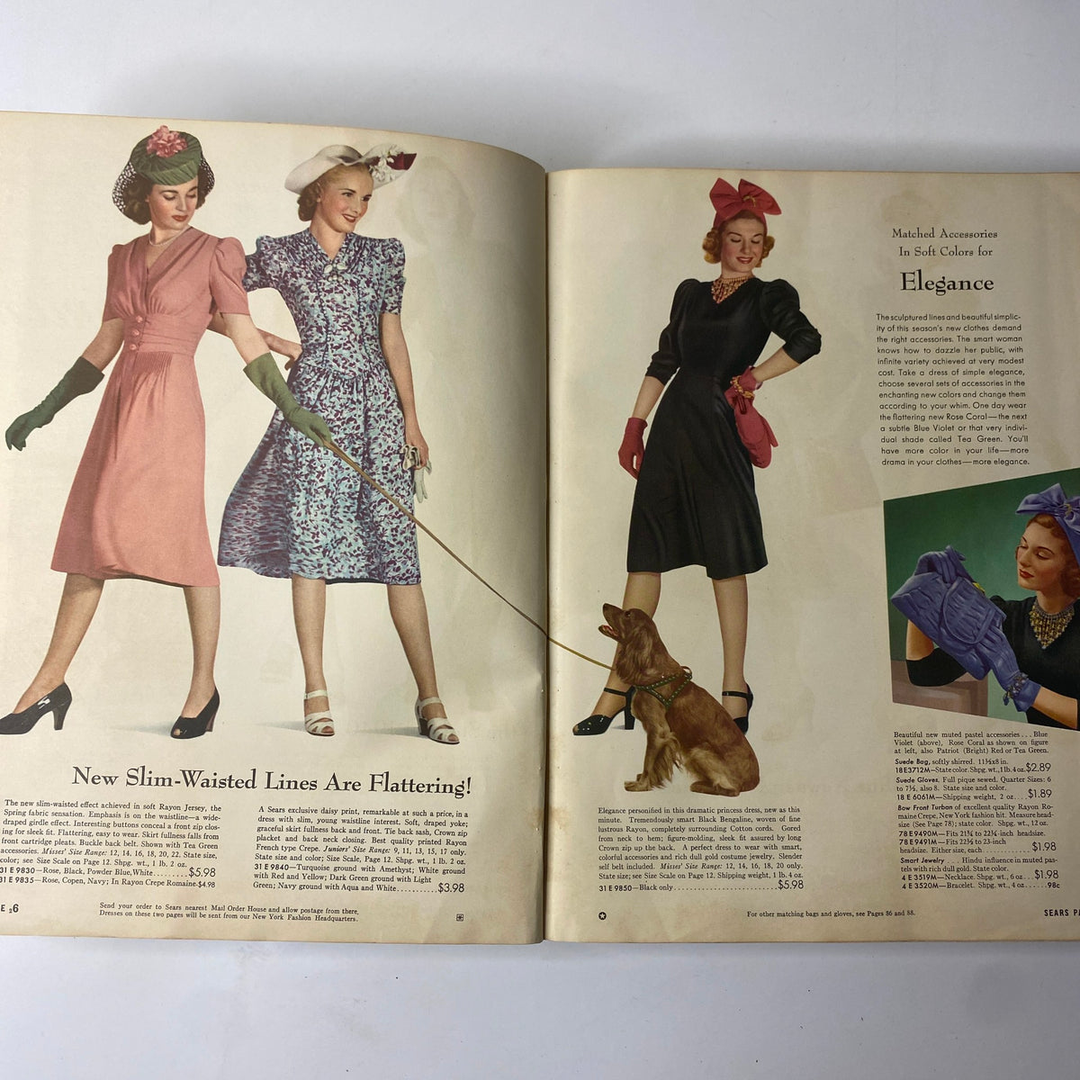 Inside page of the 1940 Sears Spring and Summer Catalog featuring three women in elegant dresses and accessories, illustrating classic mid-century style.