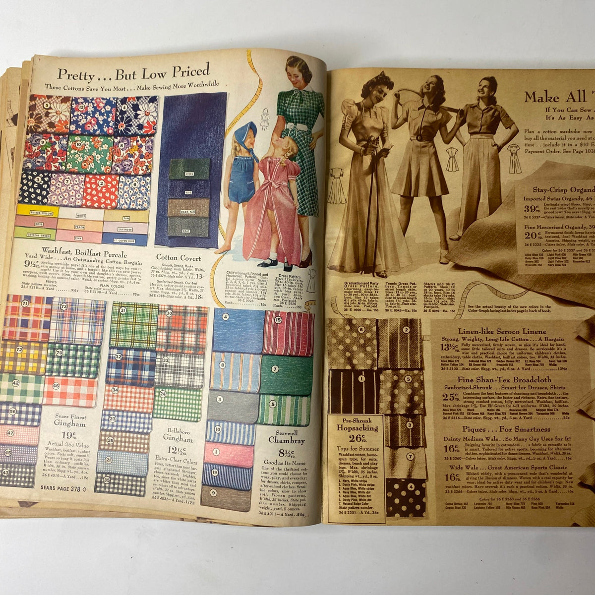1940 Sears Spring and Summer Catalog illustrating fabrics and sewing patterns available for summer clothing.