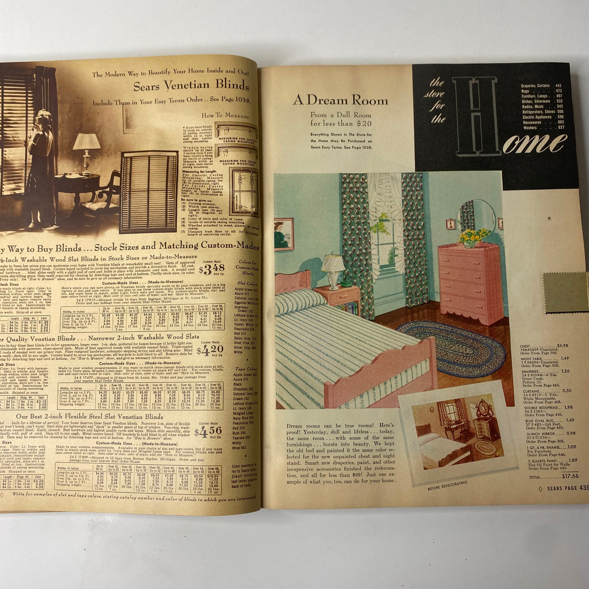 1940 Sears Spring and Summer Catalog showcasing home decor, including Venetian blinds and a beautifully designed bedroom set.