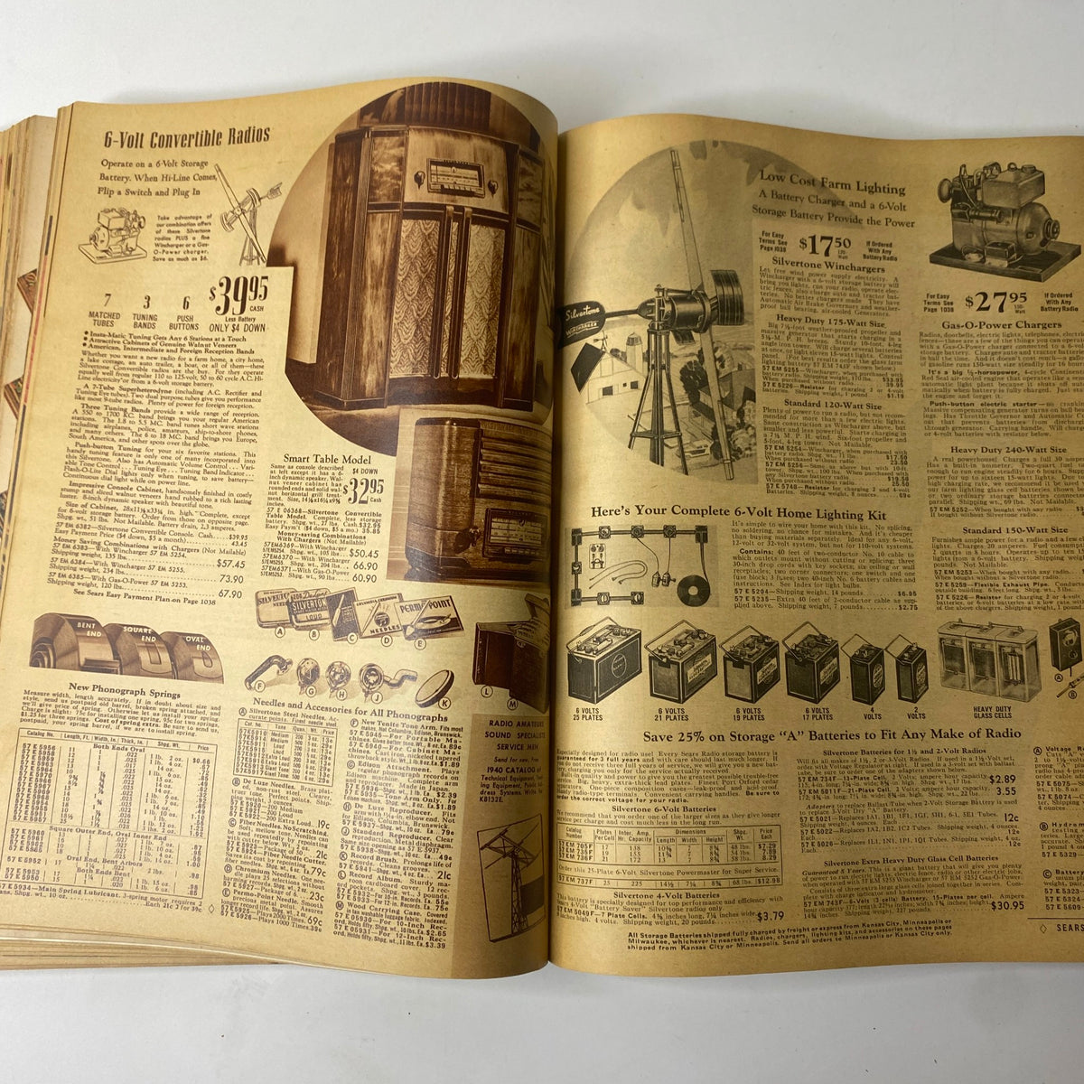 1940 Sears Spring and Summer Catalog displaying 6-volt convertible radios and essential home lighting solutions.