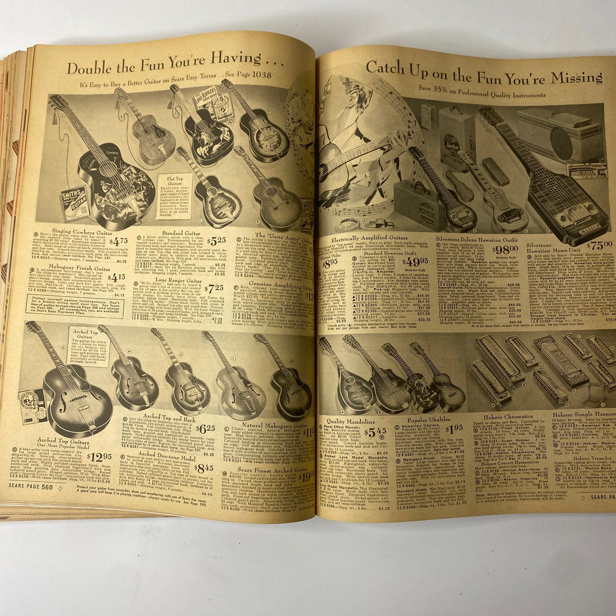 1940 Sears Spring and Summer Catalog highlighting musical instruments, including guitars and amplifiers for music enthusiasts.