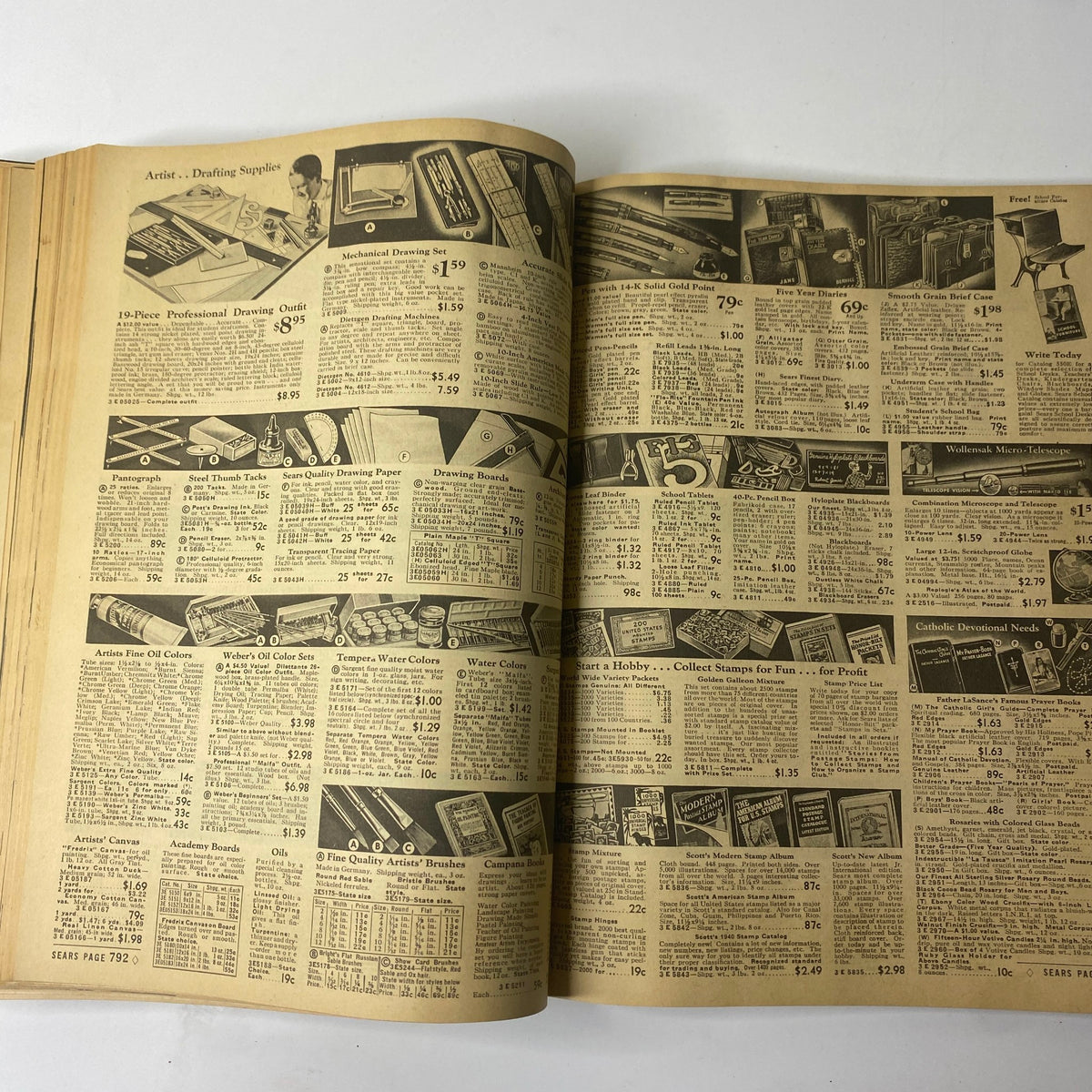 1940 Sears Spring and Summer Catalog featuring artist and drafting supplies with detailed product listings and prices.
