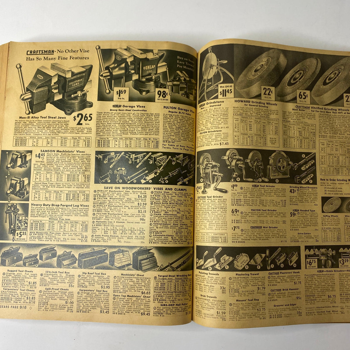 1940 Sears Spring and Summer Catalog page showcasing various tools and woodworking equipment, highlighting prices and features.