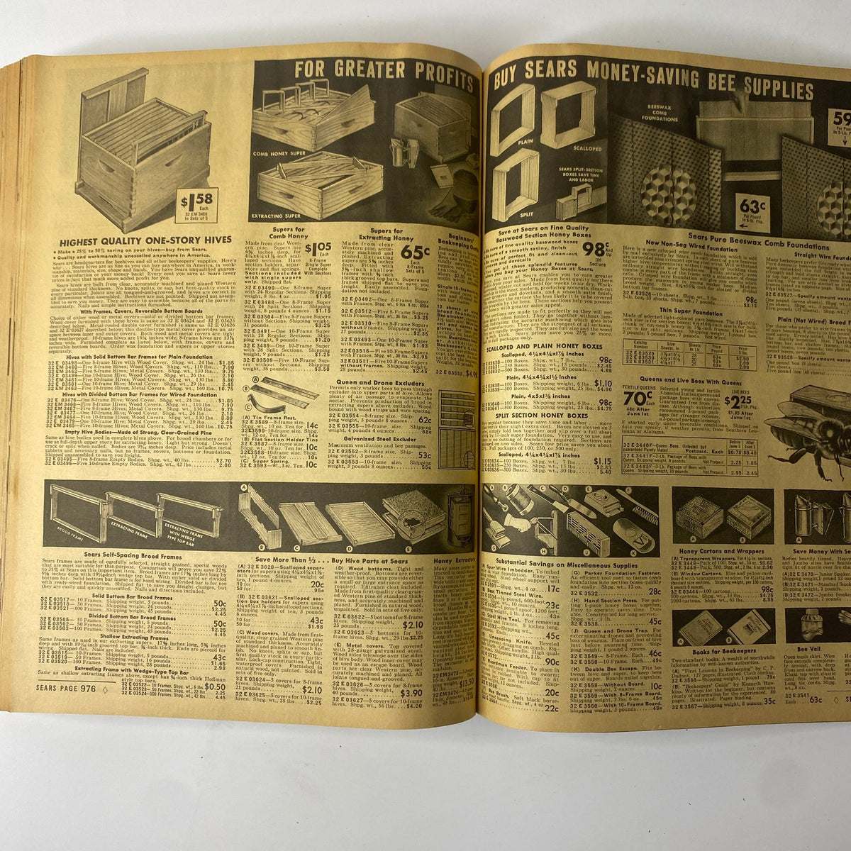 1940 Sears Spring and Summer Catalog page featuring bee supplies and wooden hives with detailed pricing and product descriptions.