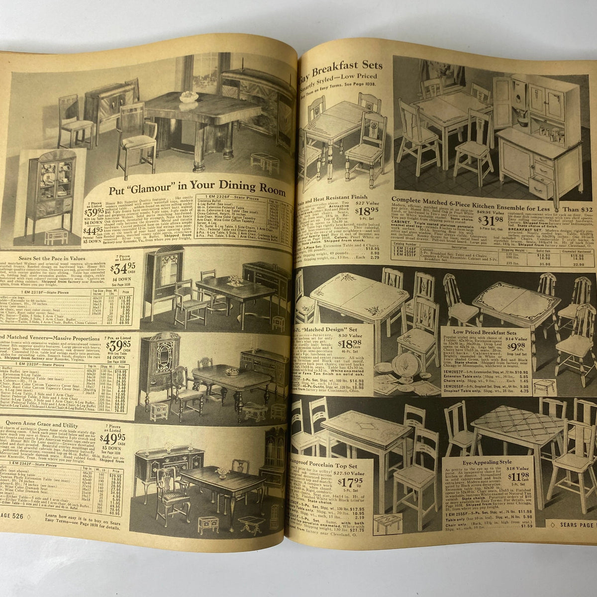 1940 Sears Spring and Summer Catalog page illustrating dining room furniture and breakfast sets, complete with pricing information.