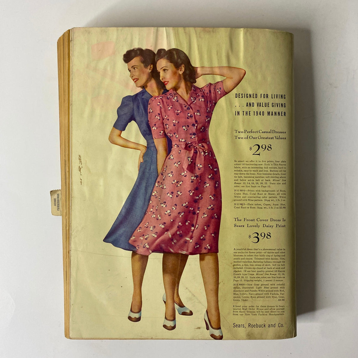 1940 Sears Spring and Summer Catalog page featuring vintage women's fashion dresses with illustrations and pricing details.