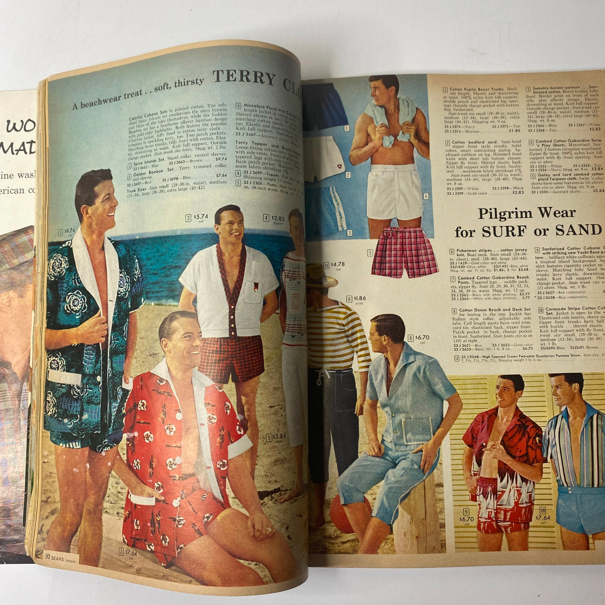 1960 Sears Summer Sale Catalog showcasing men in vibrant beachwear and casual summer clothing, emphasizing retro styles and patterns from the 1960s.