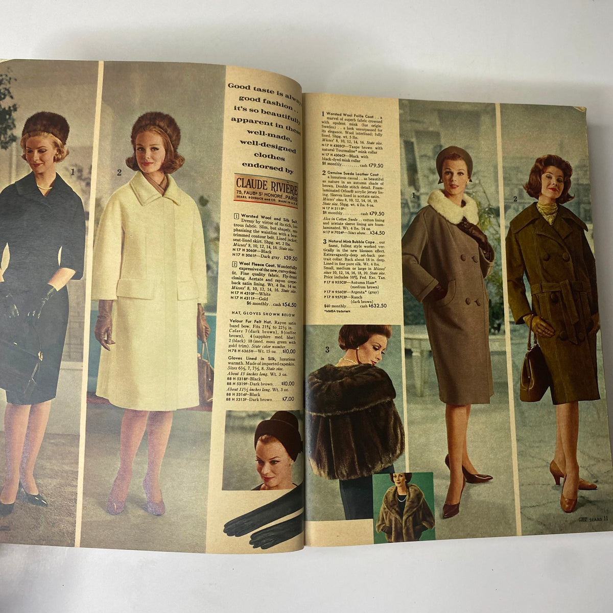 Interior page of the 1962 Sears Fall and Winter Catalog displaying elegant coats and accessories for women, representing mid-century fashion.