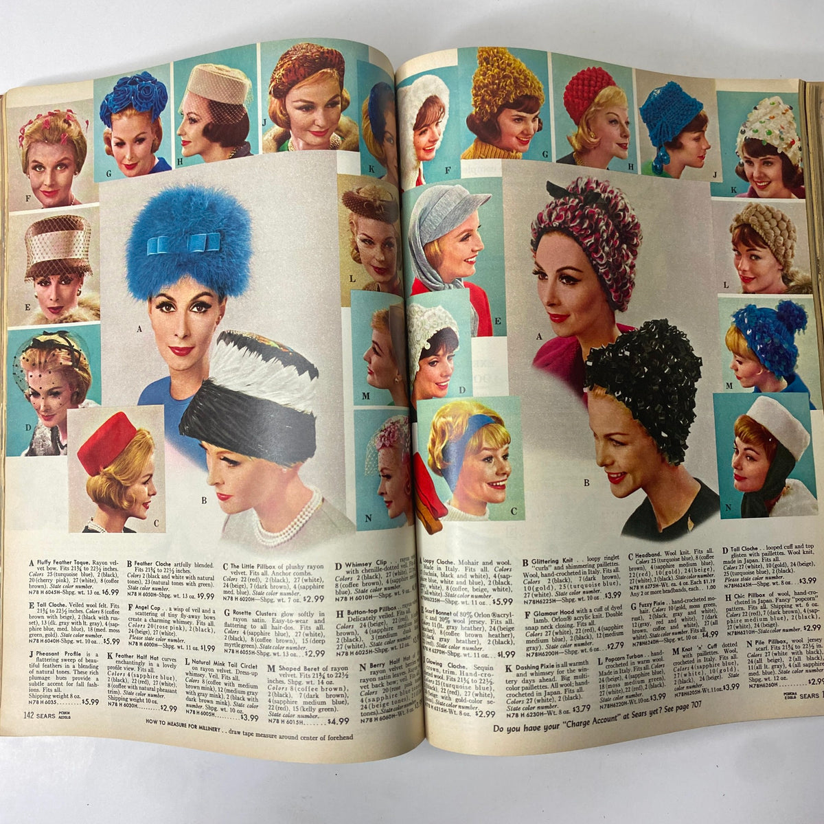 1962 Sears Fall and Winter Catalog showcasing a variety of vintage women's hats including elegant styles and bold colors, reflecting mid-century fashion trends.