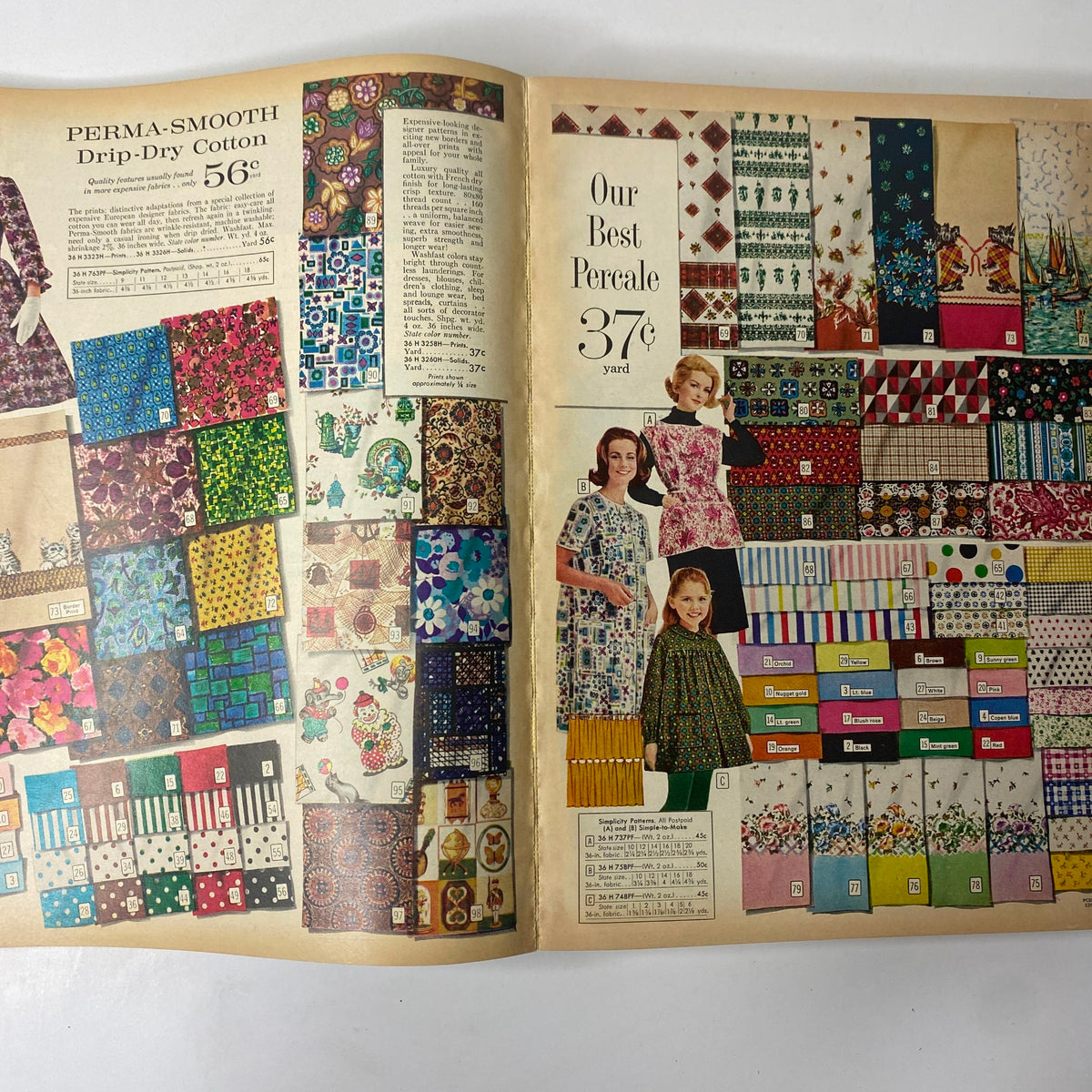 1962 Sears Fall and Winter Catalog featuring an array of colorful fabrics and patterns available for purchase, highlighting popular design trends of the 1960s.