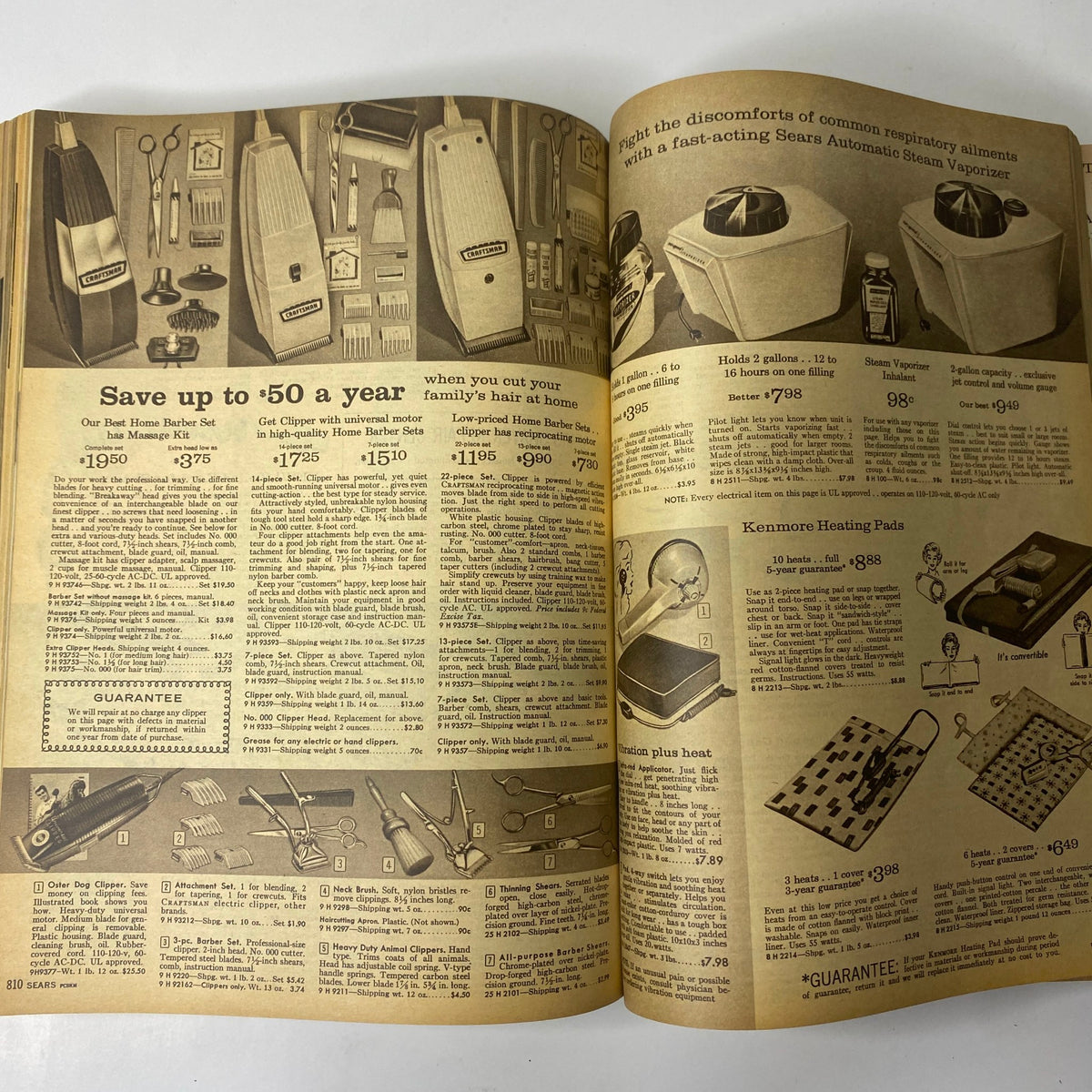 1962 Sears Fall and Winter Catalog page showcasing home barber kits and steam vaporizers, illustrating essential home goods for personal care in the 1960s.