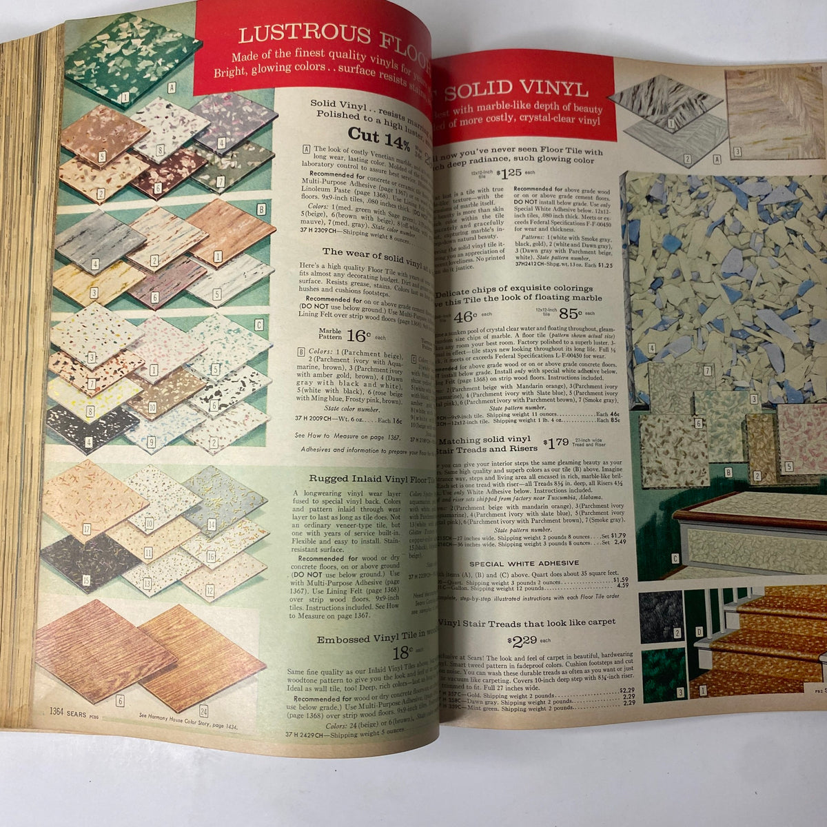 1962 Sears Fall and Winter Catalog page displaying a variety of solid vinyl flooring options, emphasizing mid-century interior design materials.