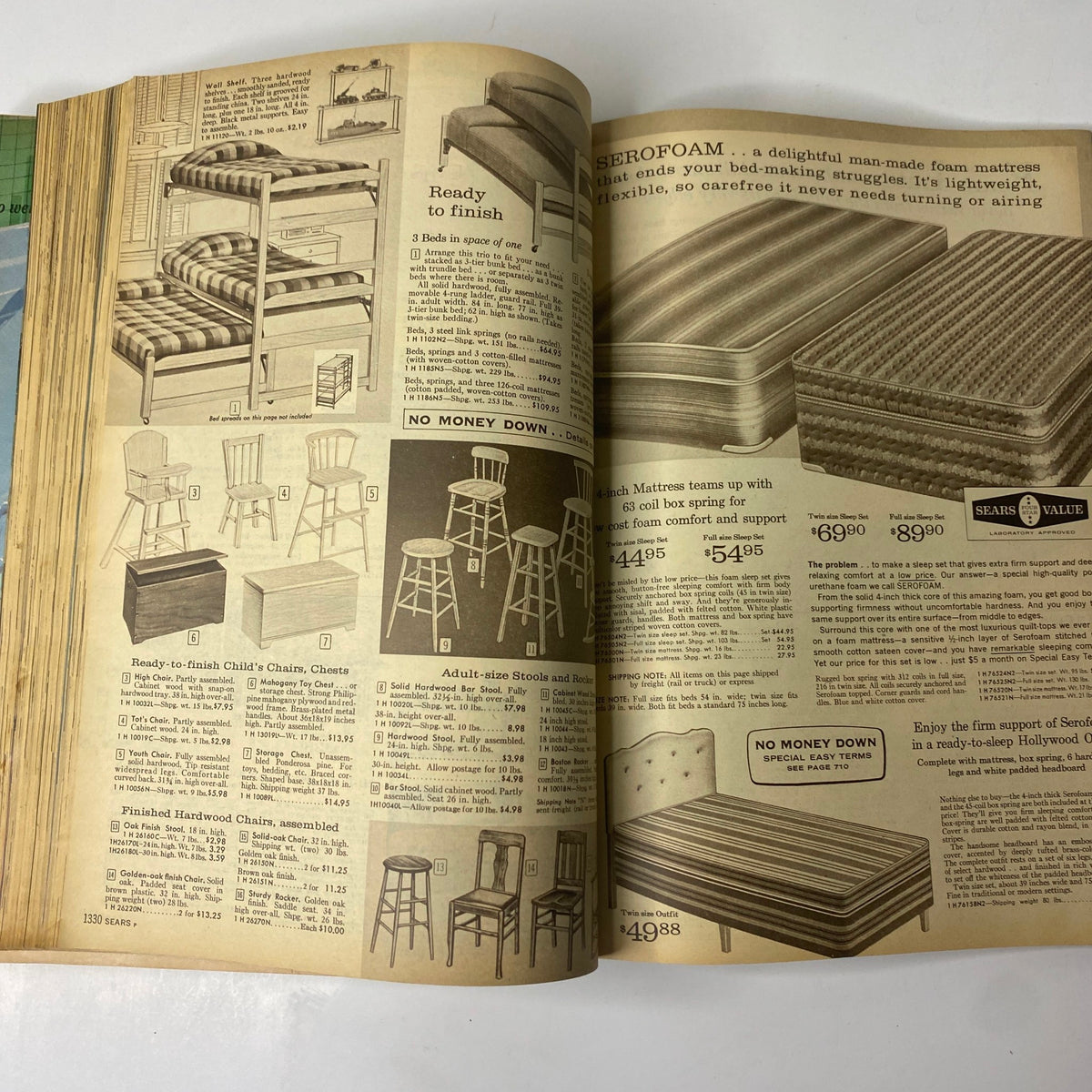 1962 Sears Fall and Winter Catalog page showcasing various furniture including beds, stools, and chairs with prices, reflecting mid-century design and home goods.