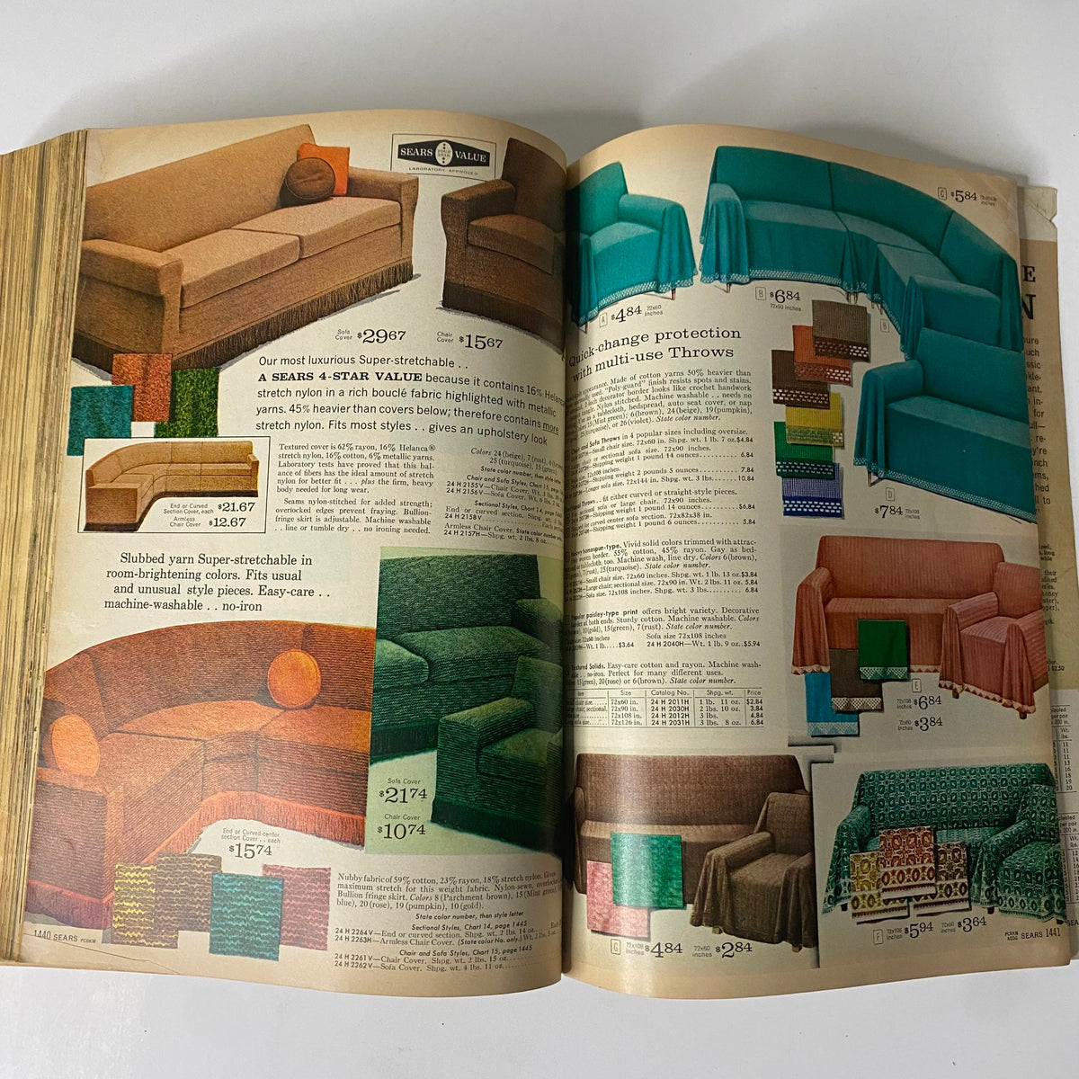 1962 Sears Fall and Winter Catalog page displaying stretchable sofa covers and throws in vibrant colors, representing style options of the period.